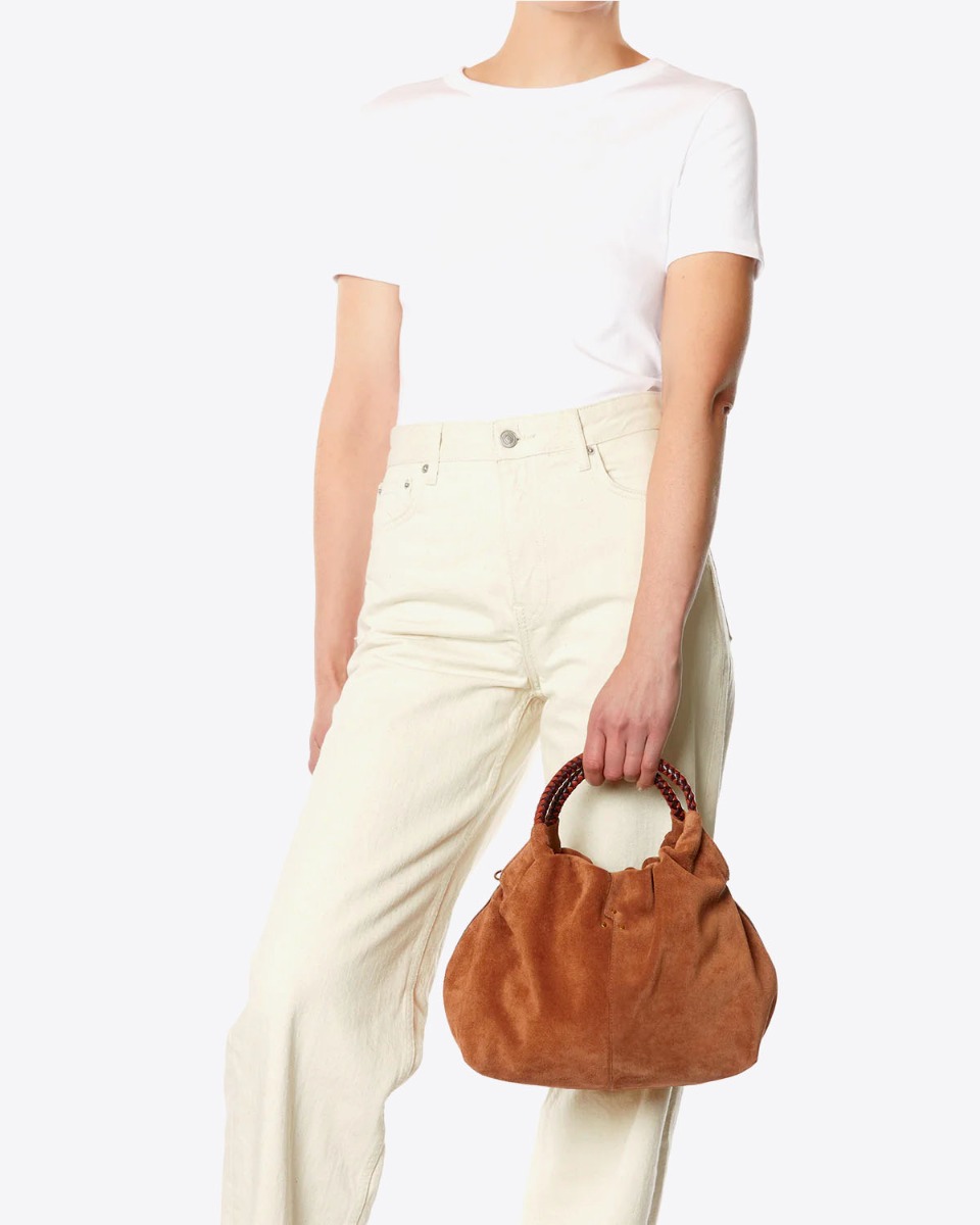 Sac Gordi M Jérôme Dreyfuss en cuir suédé caramel porté main.