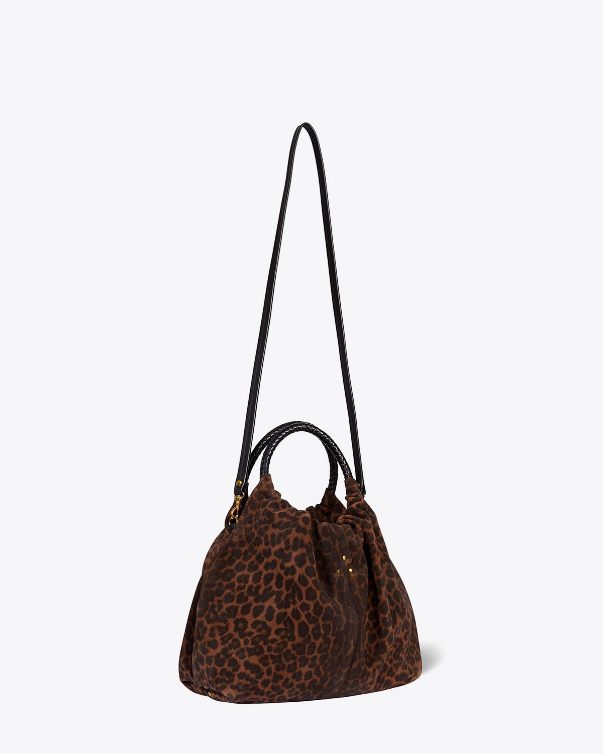 Sac Gordi M Jérôme Dreyfuss en cuir suédé léopard. Profil. Détail de la bandoulière amovible. 