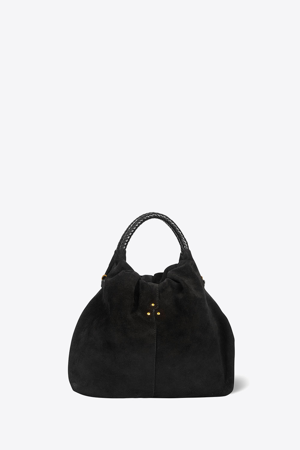 Sac Gordi M Jérôme Dreyfuss en cuir suédé noir forme bourse. Face.
