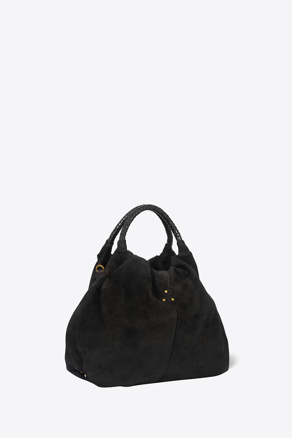 Produit Sac Gordi M Jérôme Dreyfuss en cuir suédé noir forme bourse. Profil.
