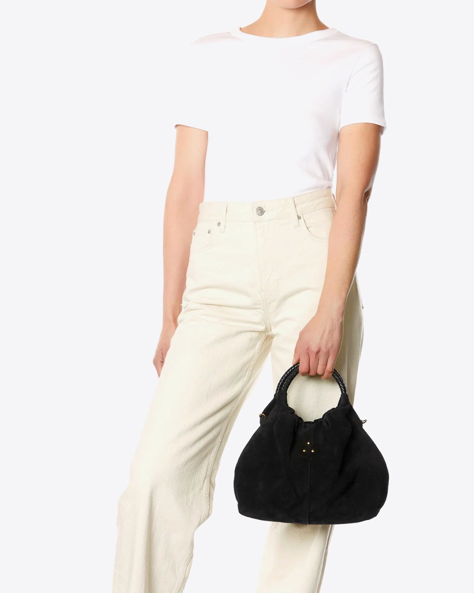 Sac bourse Gordi M Jérôme Dreyfuss en cuir suédé noir porté main.