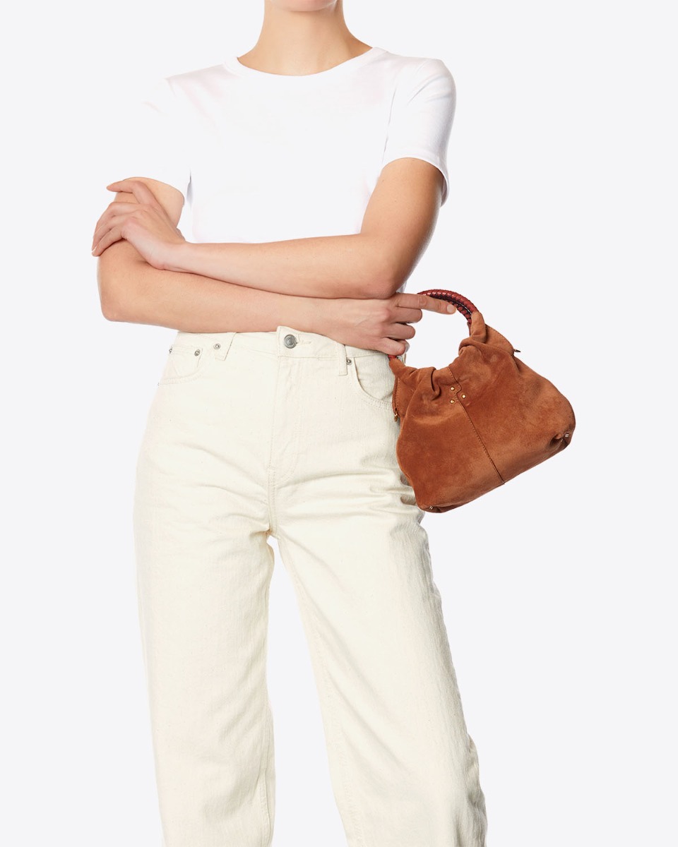 Sac Gordi S Jérôme Dreyfuss en cuir suédé caramel porté main.