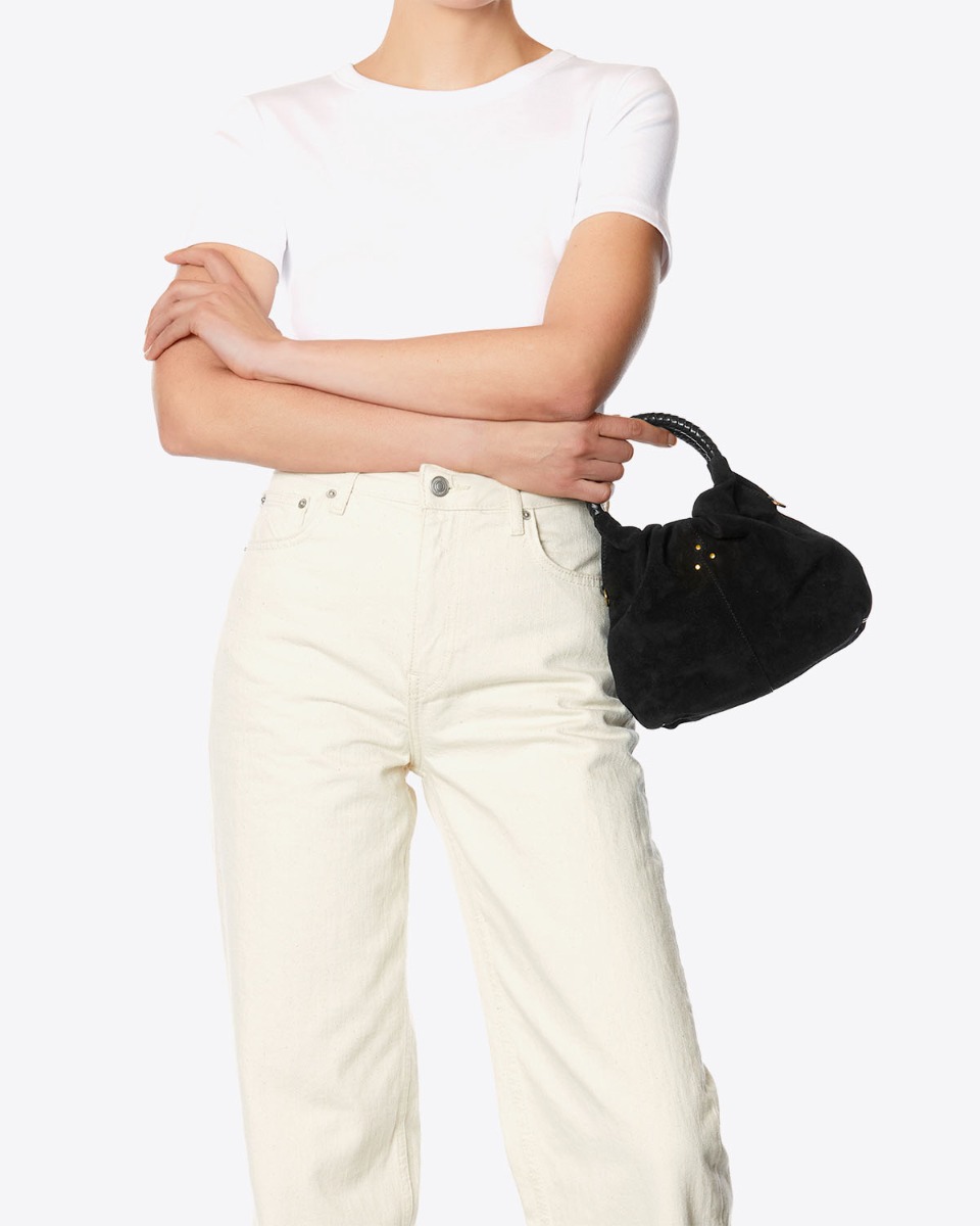 Sac bourse Gordi S Jérôme Dreyfuss en cuir suédé noir porté main.