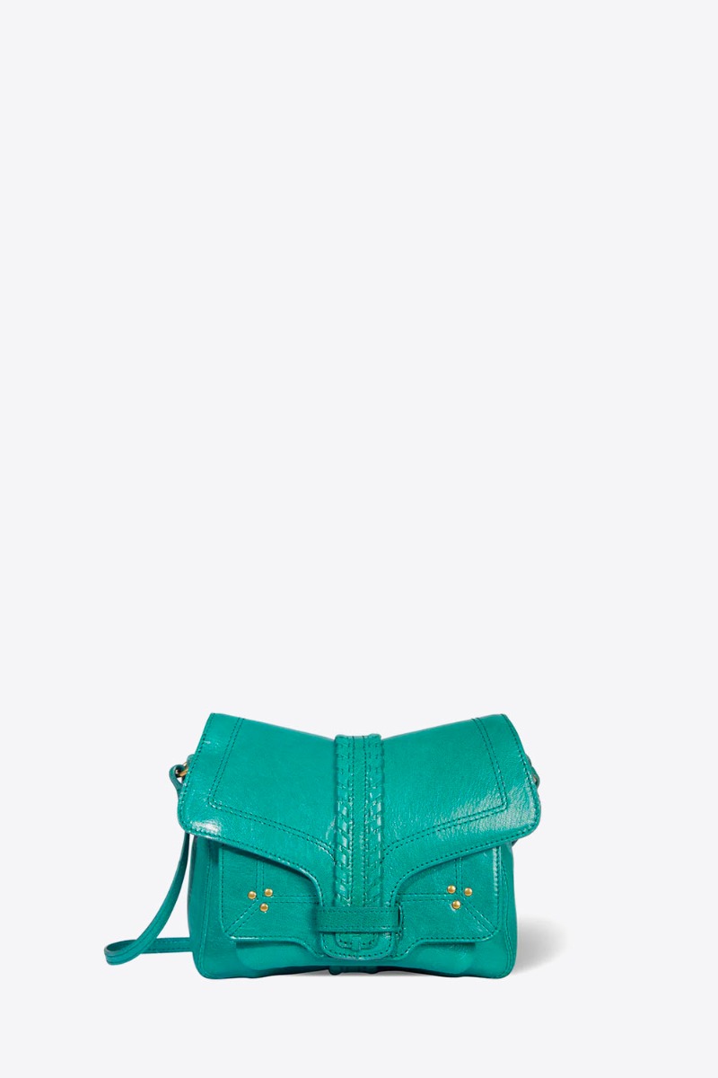 Sac Harry S Jérôme Dreyfuss en cuir de chèvre turquoise. Vue de face.
