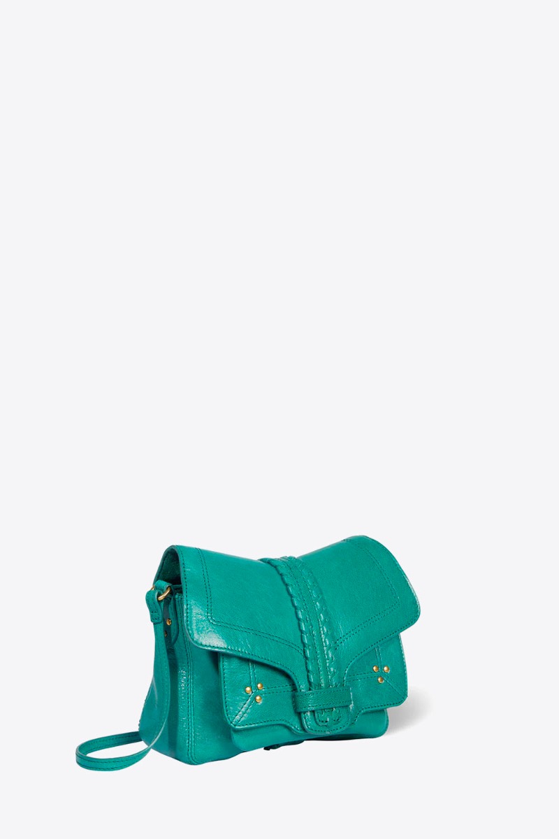 Sac Harry S Jérôme Dreyfuss en cuir de chèvre turquoise. Vue de profil.