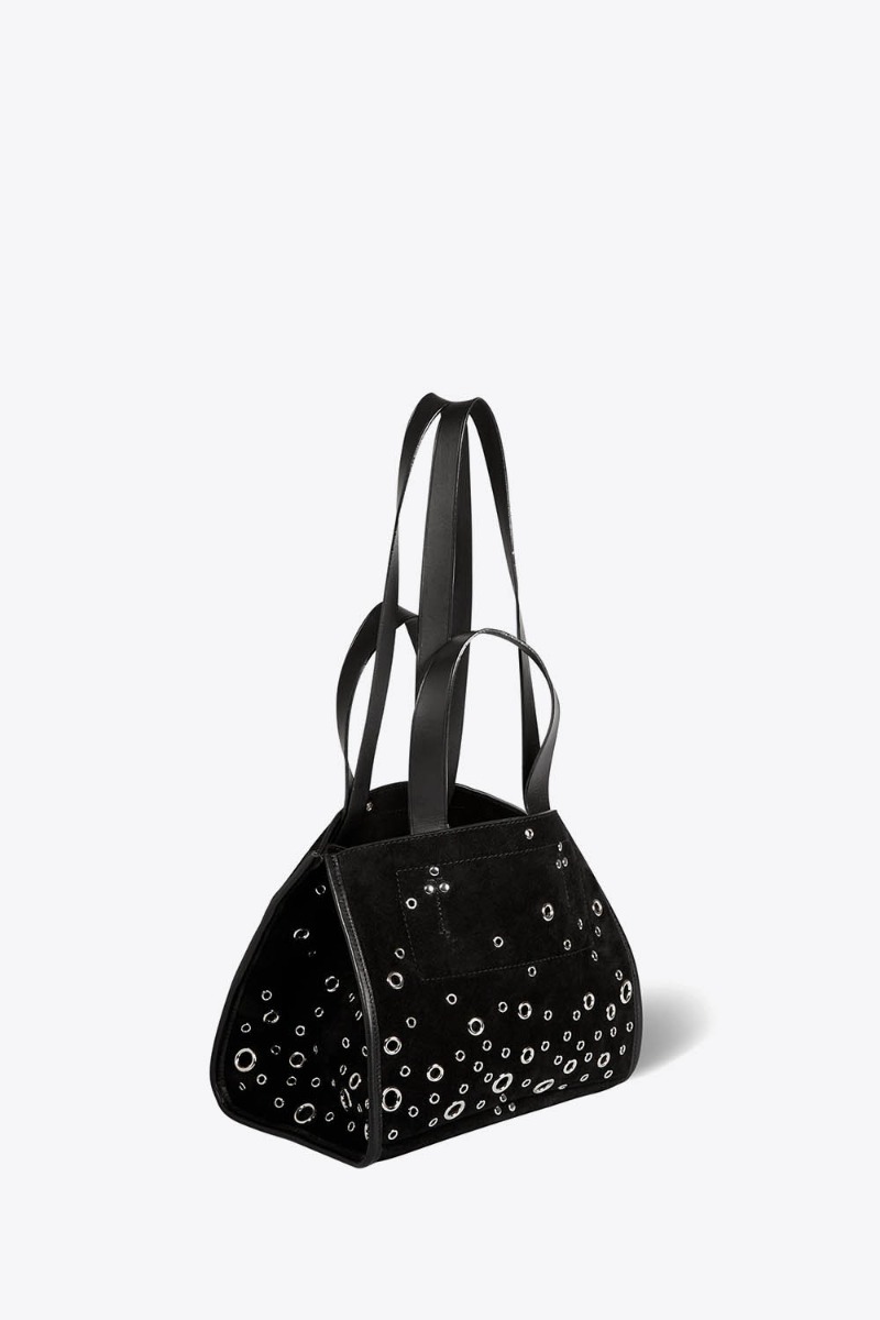 Sac cabas L&eacute;on S J&eacute;r&ocirc;me Dreyfuss en cuir su&eacute;d&eacute; noir avec des incrustations d'oeillets en m&eacute;tal argent&eacute;. Vue de profil avec les deux poign&eacute;es longues pour un port&eacute; &agrave; l'&eacute;paule et les deux poign&eacute;es courtes pour un port&eacute; &agrave; la main. C&ocirc;t&eacute;s rentr&eacute;s &agrave; l'int&eacute;rieur