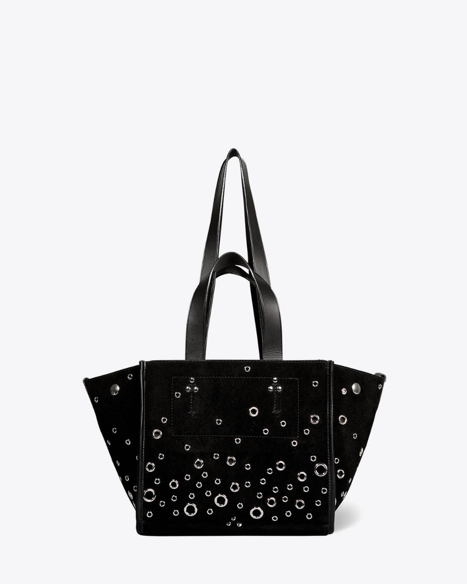 Sac mini-cabas L&eacute;on S J&eacute;r&ocirc;me Dreyfuss en cuir su&eacute;d&eacute; noir avec des incrustations d'oeillets en m&eacute;tal argent&eacute;. Vue de face avec les deux poign&eacute;es longues pour un port&eacute; &agrave; l'&eacute;paule et les deux poign&eacute;es courtes pour un port&eacute; &agrave; la main. 