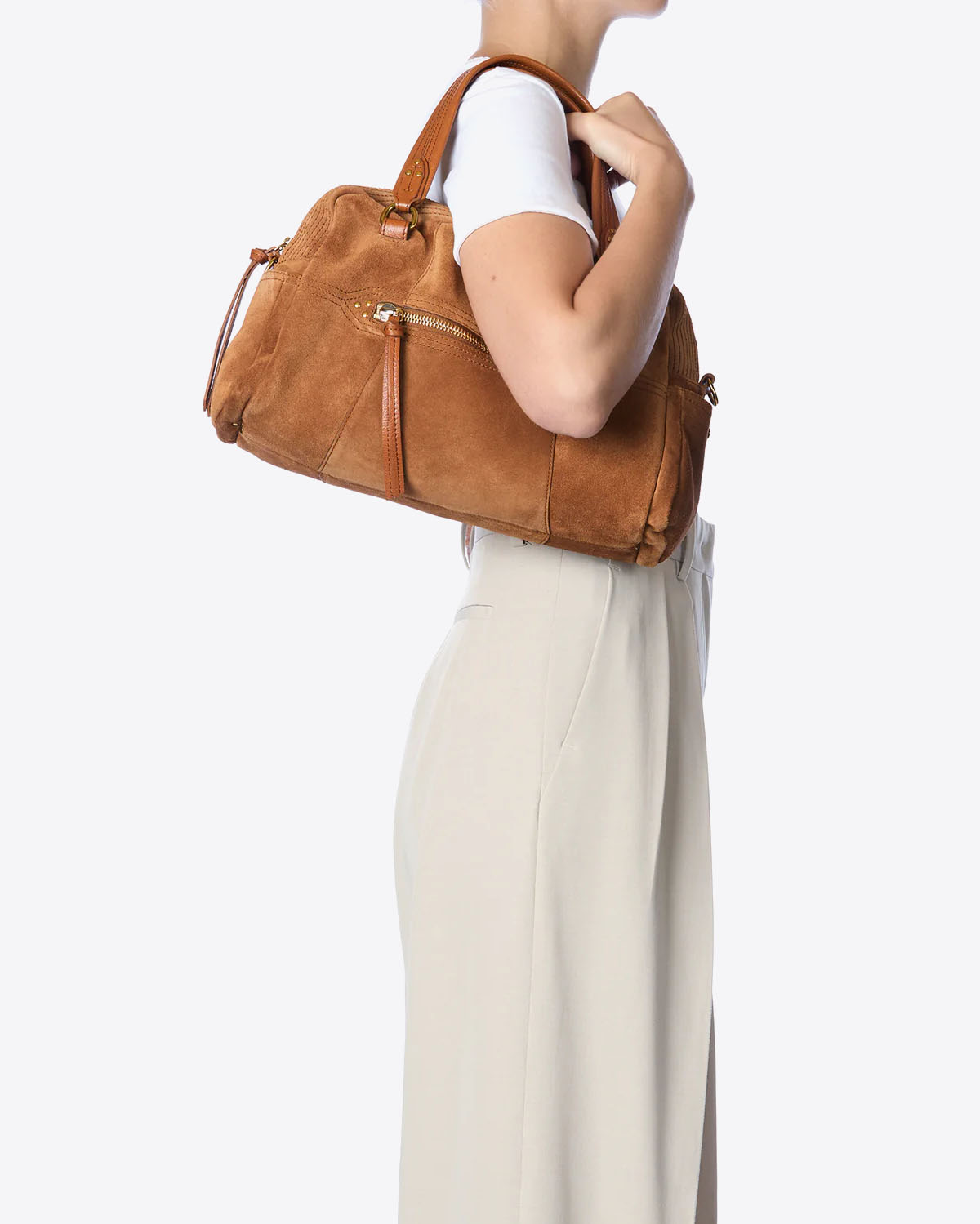 Sac Bowling Jérôme Dreyfuss en cuir suédé marron. Porté épaule. 