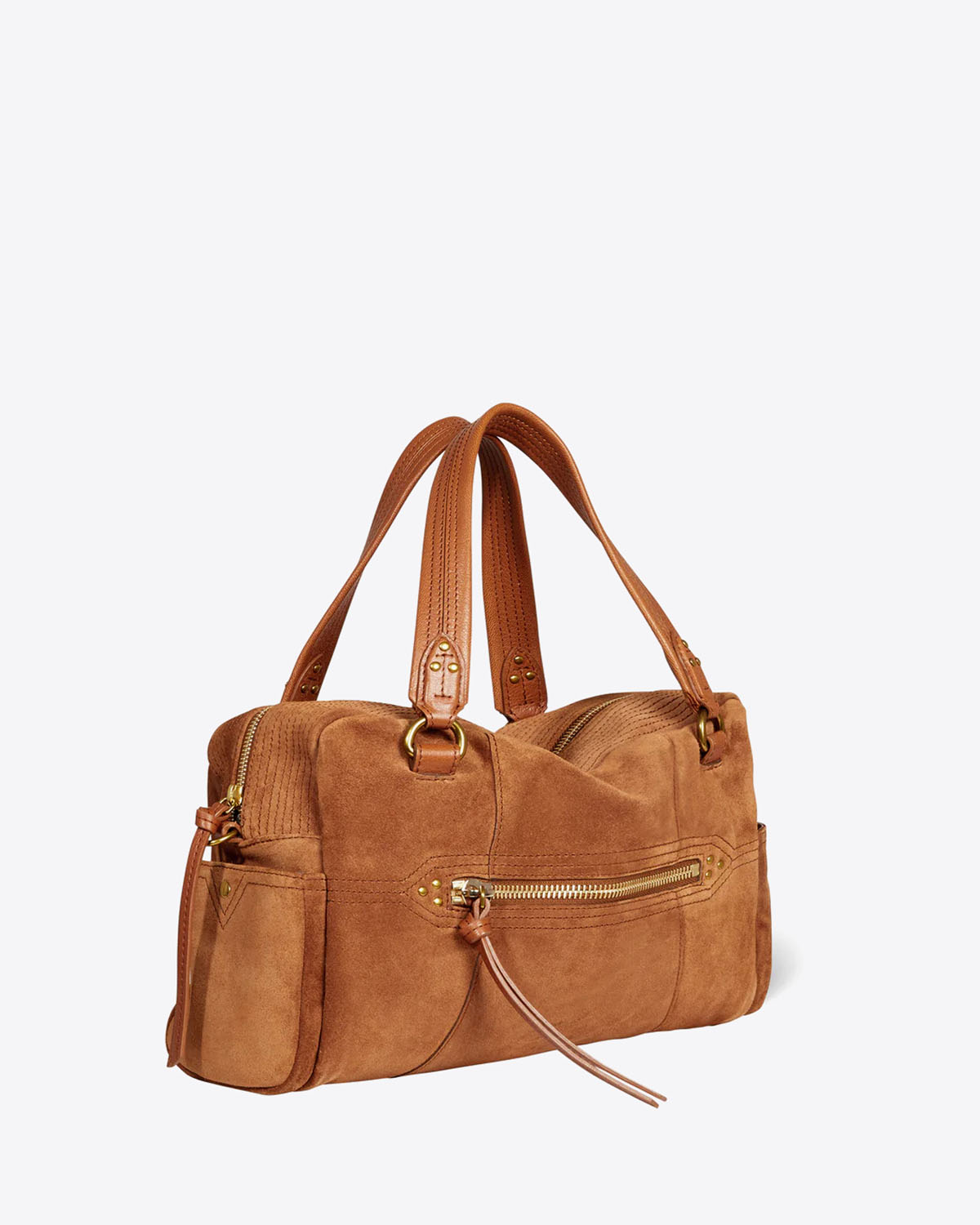 Produit Sac Bowling Jérôme Dreyfuss en cuir suédé marron. Vue profil. 