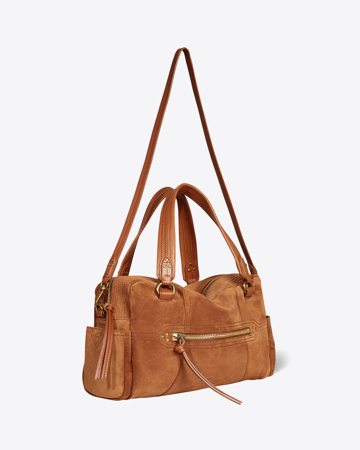 Produit Sac Bowling Jérôme Dreyfuss en cuir suédé marron. Vue profil. 