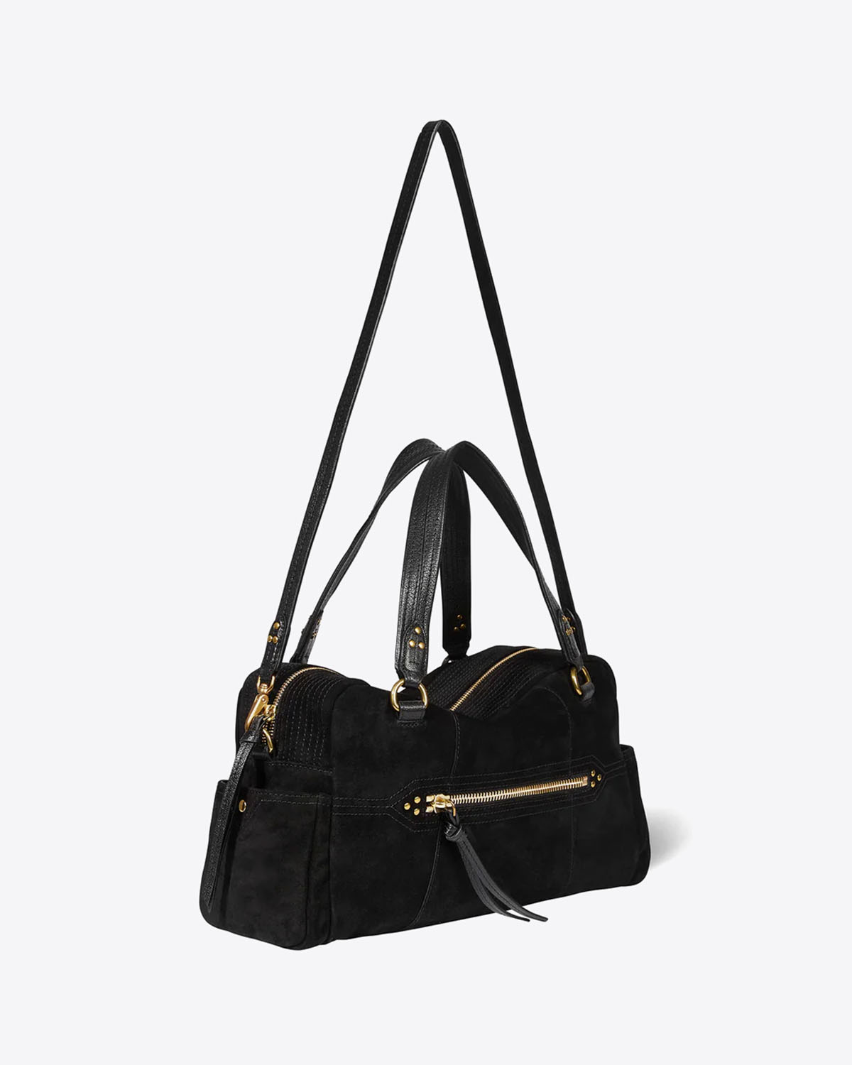 Produit Sac Lucky Bowling Jérôme Dreyfuss en cuir suédé noir. Vue profil.