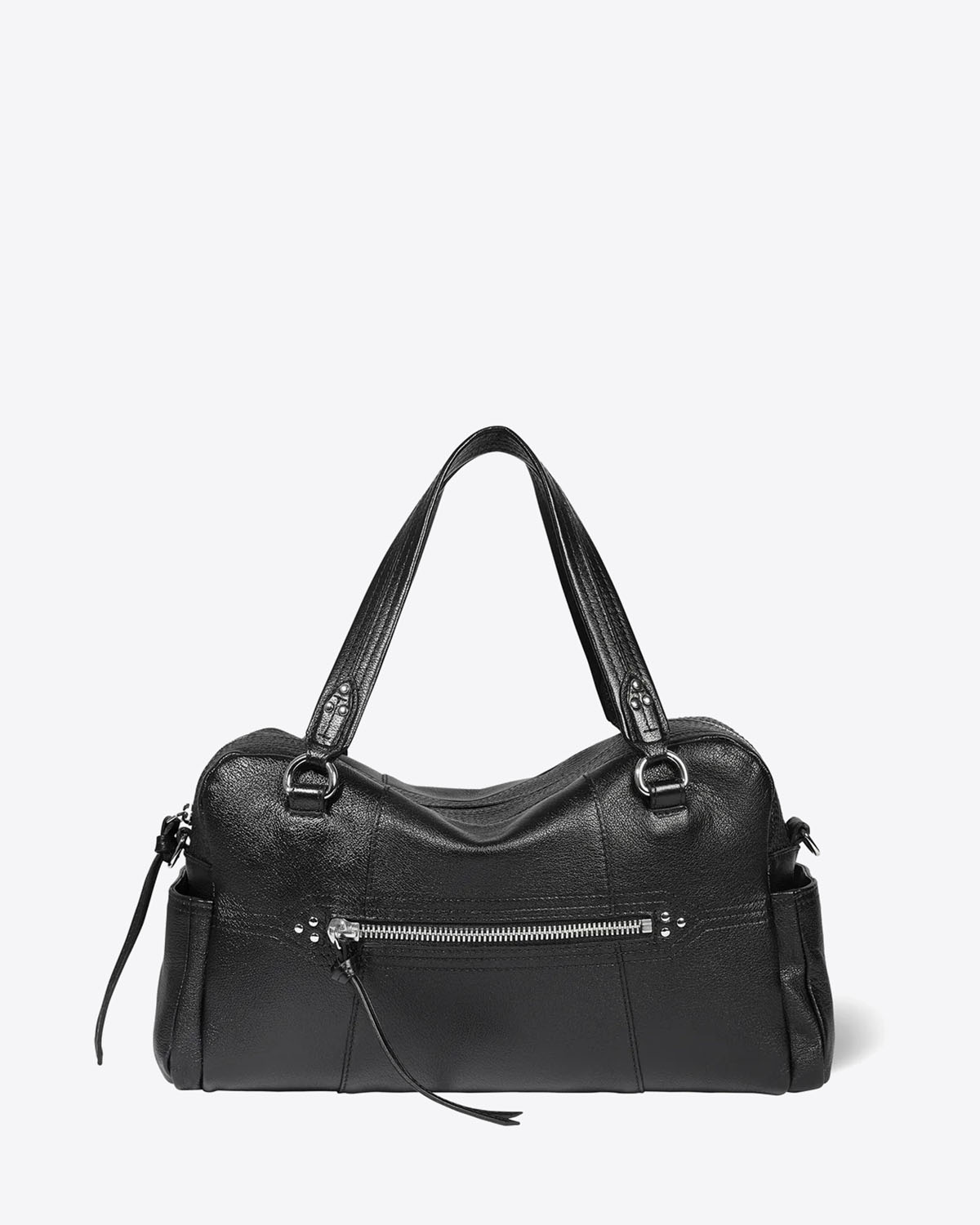 Sac en cuir Lucky Bowling Jérôme Dreyfuss en cuir noir silver. Vue face.