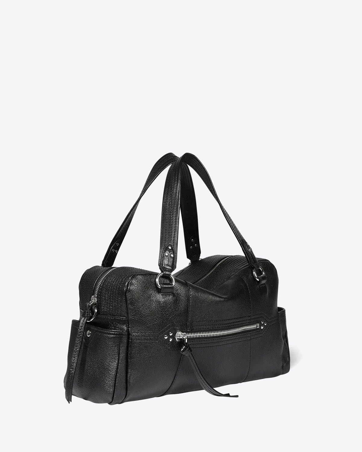 Produit Sac en cuir Lucky Bowling Jérôme Dreyfuss en cuir noir silver. Vue profil. 