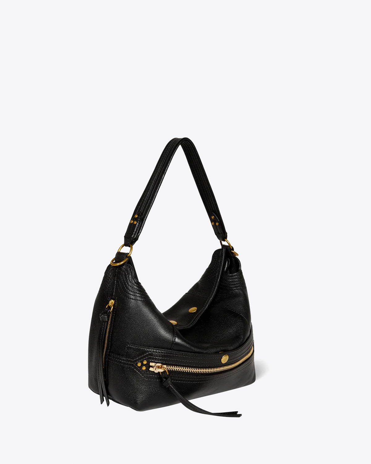 Produit Sac Hobo Lucky Hobo Jérôme Dreyfuss en cuir noir brass. Vue profil.