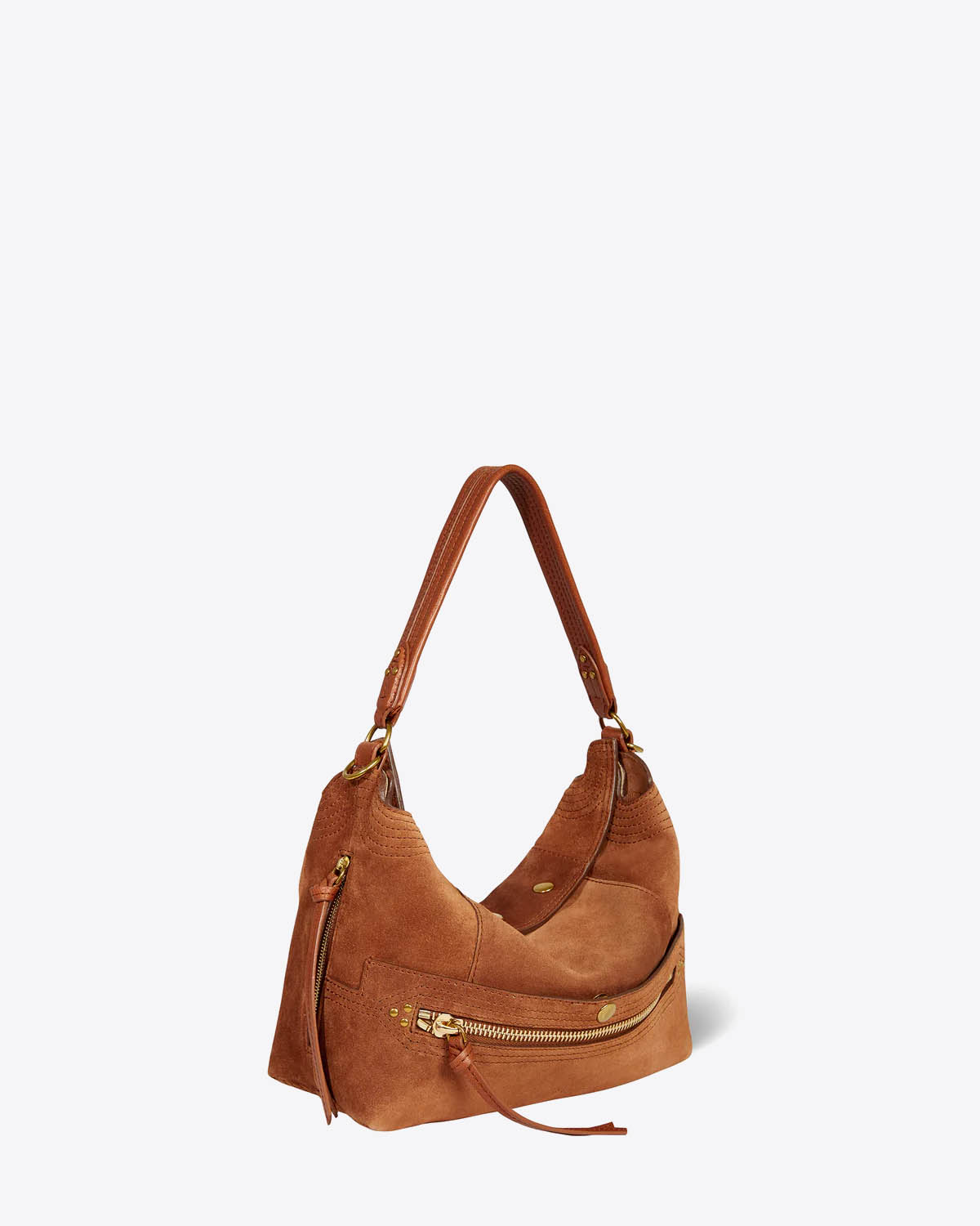 Produit Sac Lucky Hobo Jérôme Dreyfuss en cuir suédé marron. Vue profil.