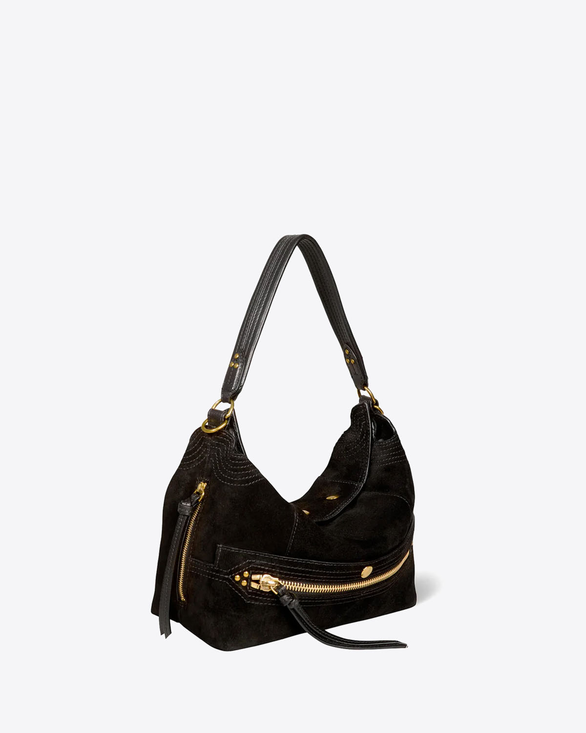 Produit Sac Hobo Lucky Hobo Jérôme Dreyfuss en cuir suédé noir Vue profil.