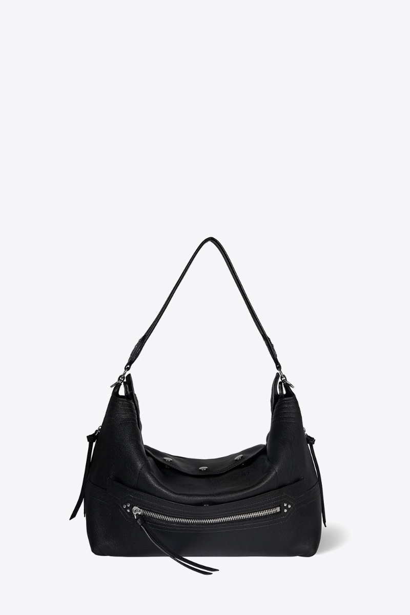 Sac Lucky Hobo large Jérôme Dreyfuss en cuir de buffle noir finition métal argenté. Vue de face. 