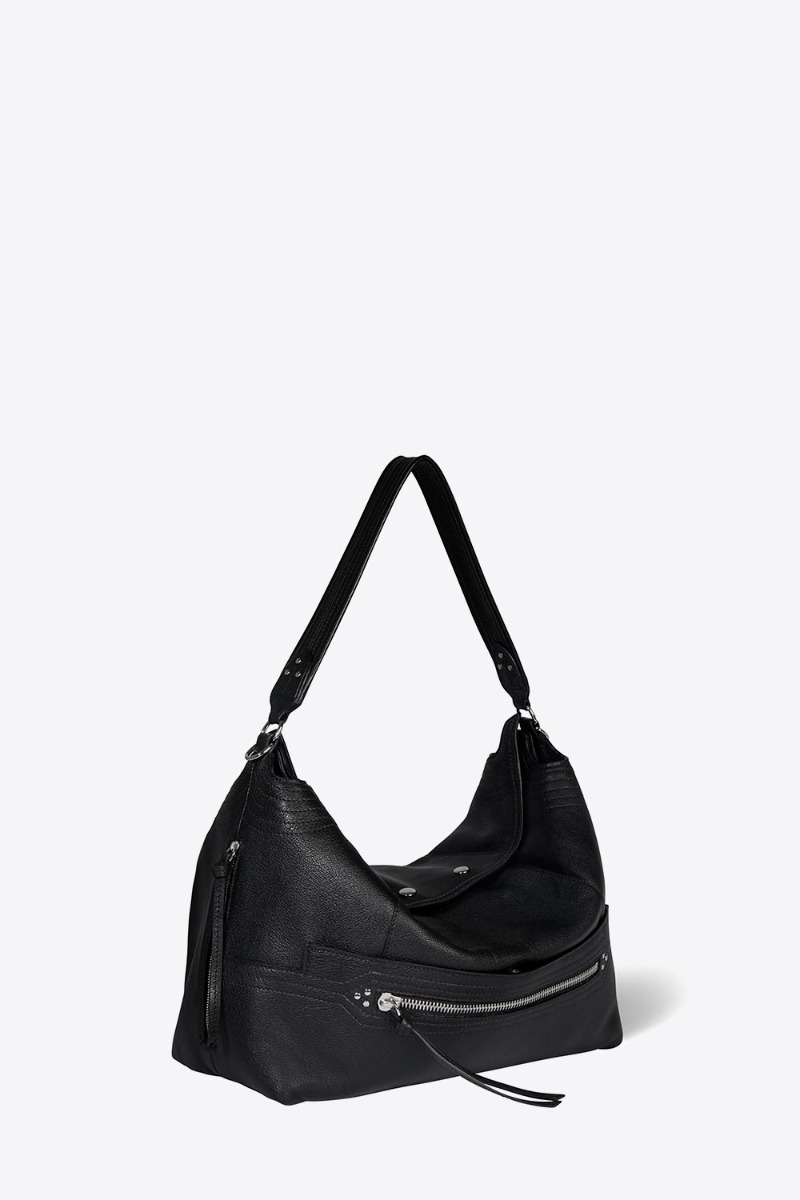 Sac Lucky Hobo large J&eacute;r&ocirc;me Dreyfuss en cuir de buffle noir finition m&eacute;tal argent&eacute;. Vue de profil.