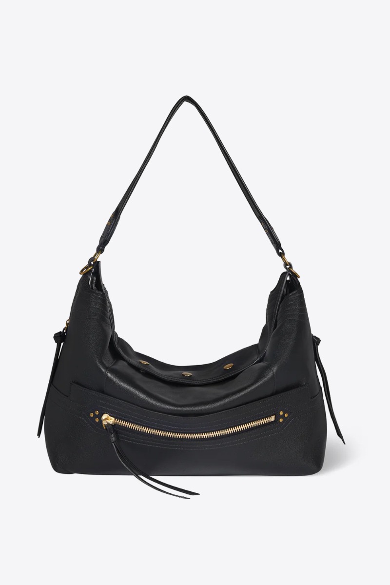 Sac Lucky Hobo Large J&eacute;r&ocirc;me Dreyfuss en cuir de buffle noir brass. Vue de face.