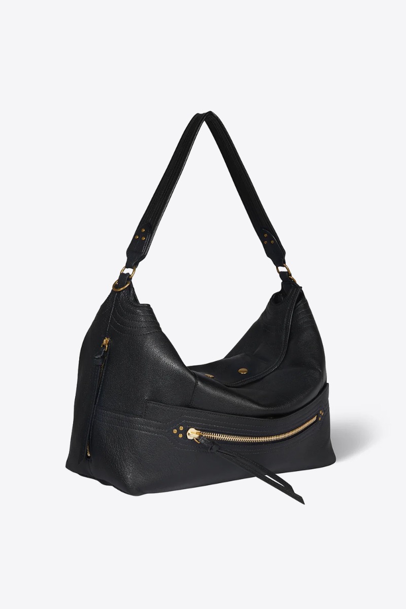 Sac Lucky Hobo Large J&eacute;r&ocirc;me Dreyfuss en cuir de buffle noir brass. Vue de profil.