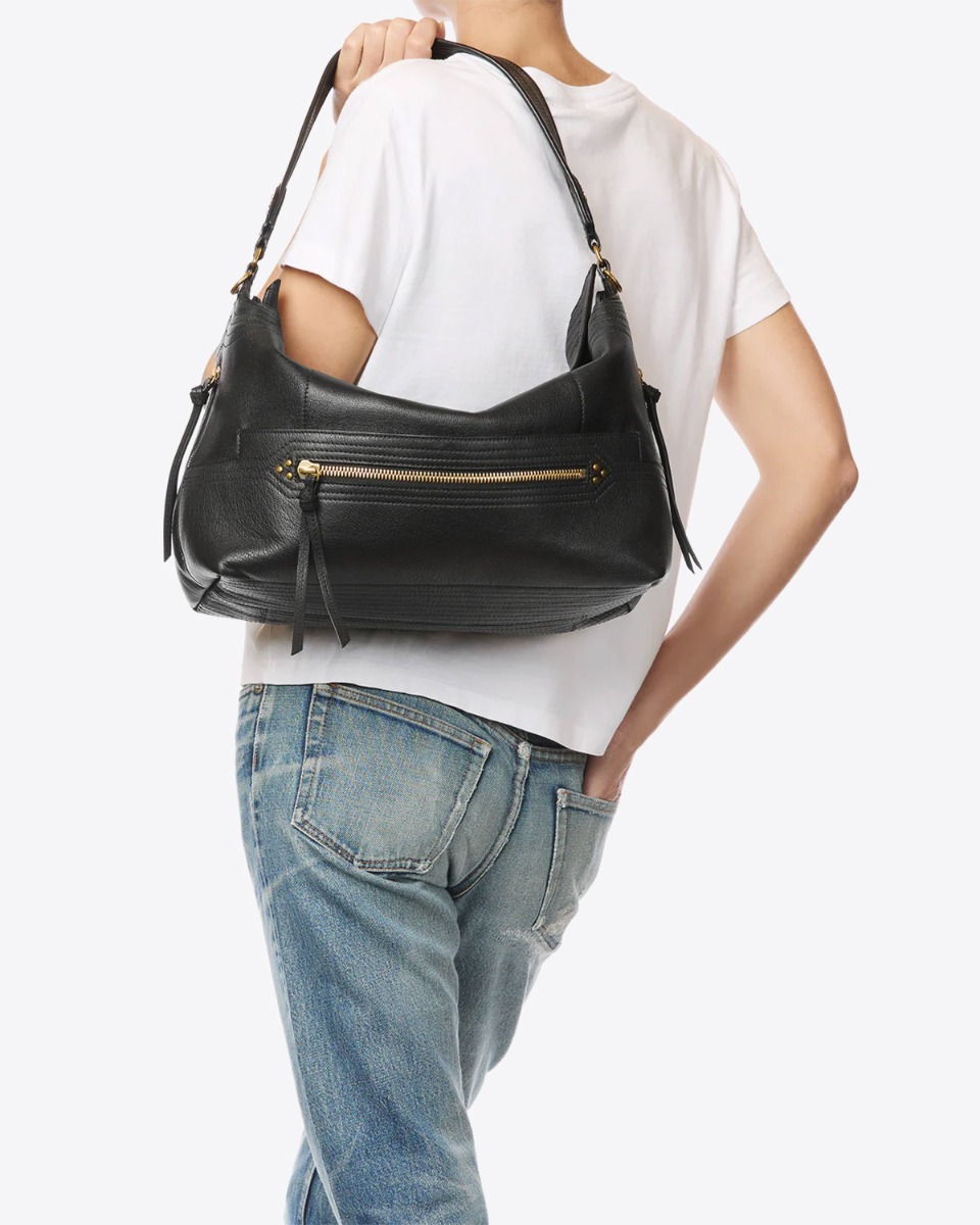 Sac Lucky Hobo Large J&eacute;r&ocirc;me Dreyfuss en cuir de buffle noir brass, port&eacute; main avec l'anse courte.