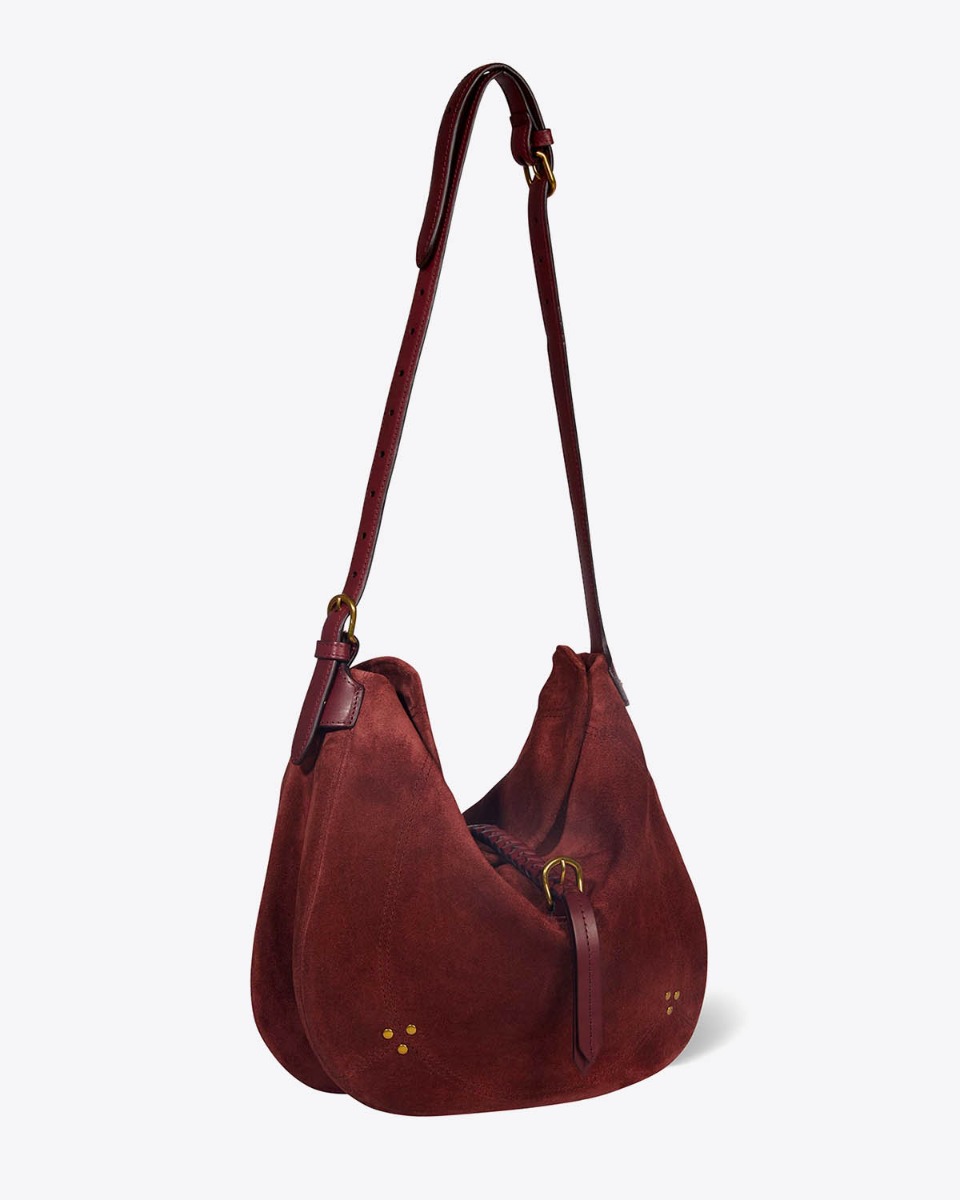 Sac besace Luis J&eacute;r&ocirc;me Dreyfuss en cuir su&eacute;d&eacute; brul&eacute;. Vue avec la bandouli&egrave;re longue.