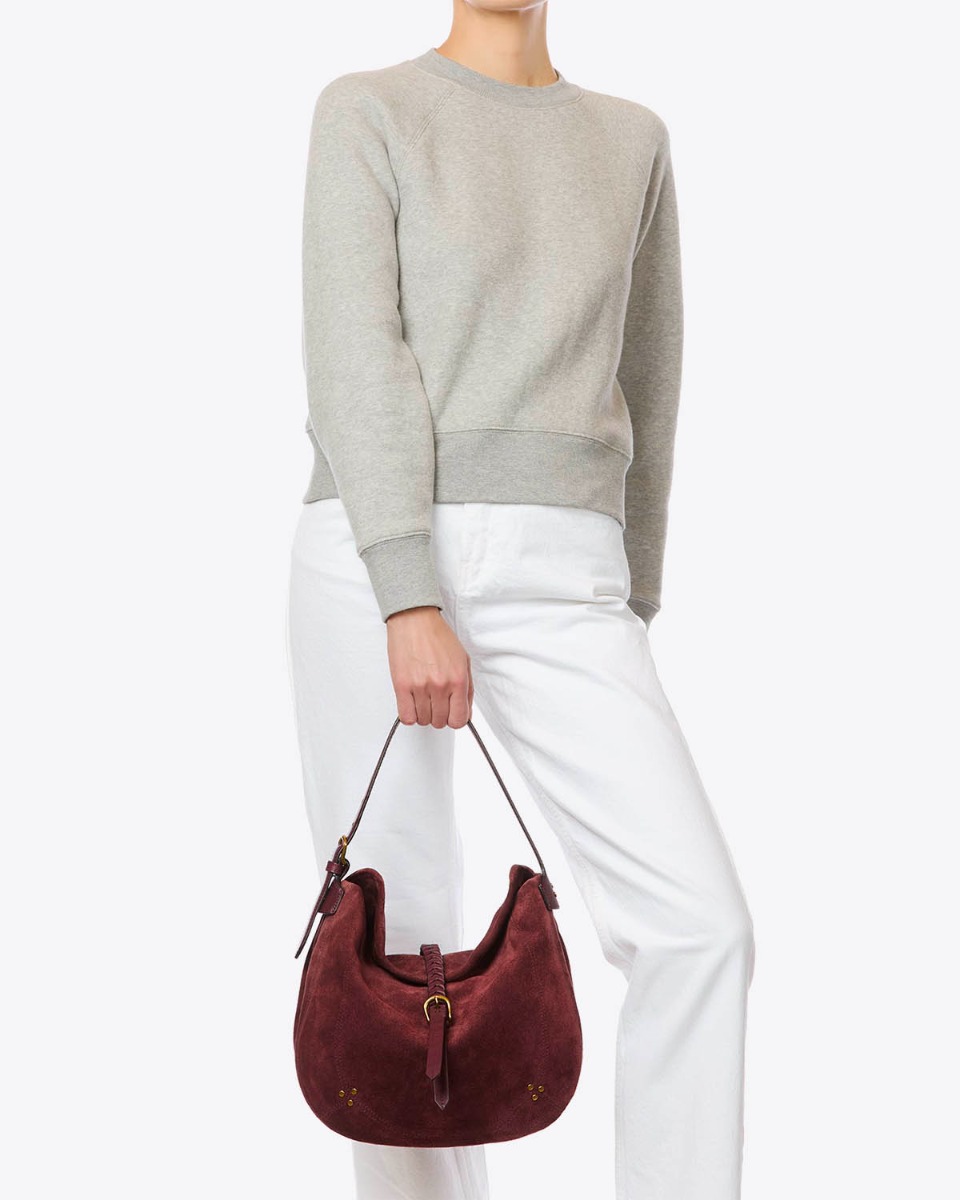 Sac besace Luis J&eacute;r&ocirc;me Dreyfuss en cuir su&eacute;d&eacute; brul&eacute;, port&eacute; de face bandouli&egrave;re courte pour un port&eacute; &agrave; la main.