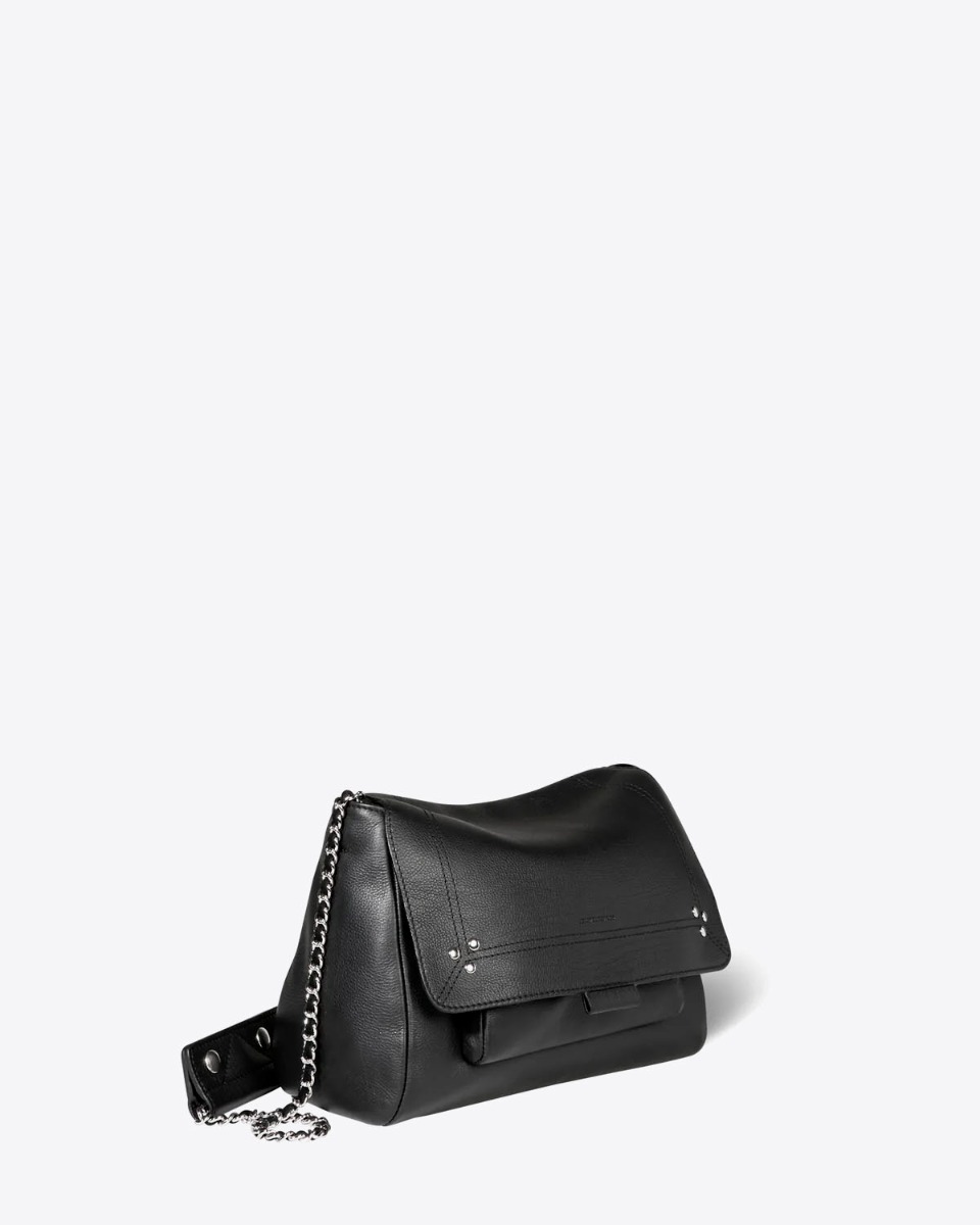 Sac Lulu M Jérôme Dreyfuss en cuir de veau noir finition silver. Vue de profil.