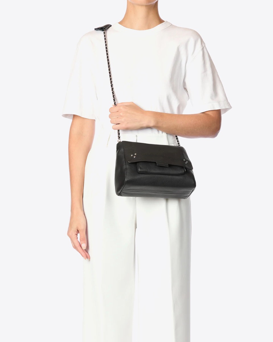 Sac Lulu M Jérôme Dreyfuss en cuir de veau noir finition silver porté croisé.