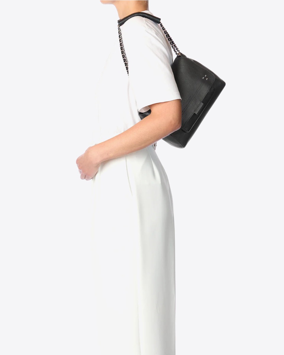 Sac Lulu M Jérôme Dreyfuss en cuir de veau noir finition silver porté court à l'épaule.