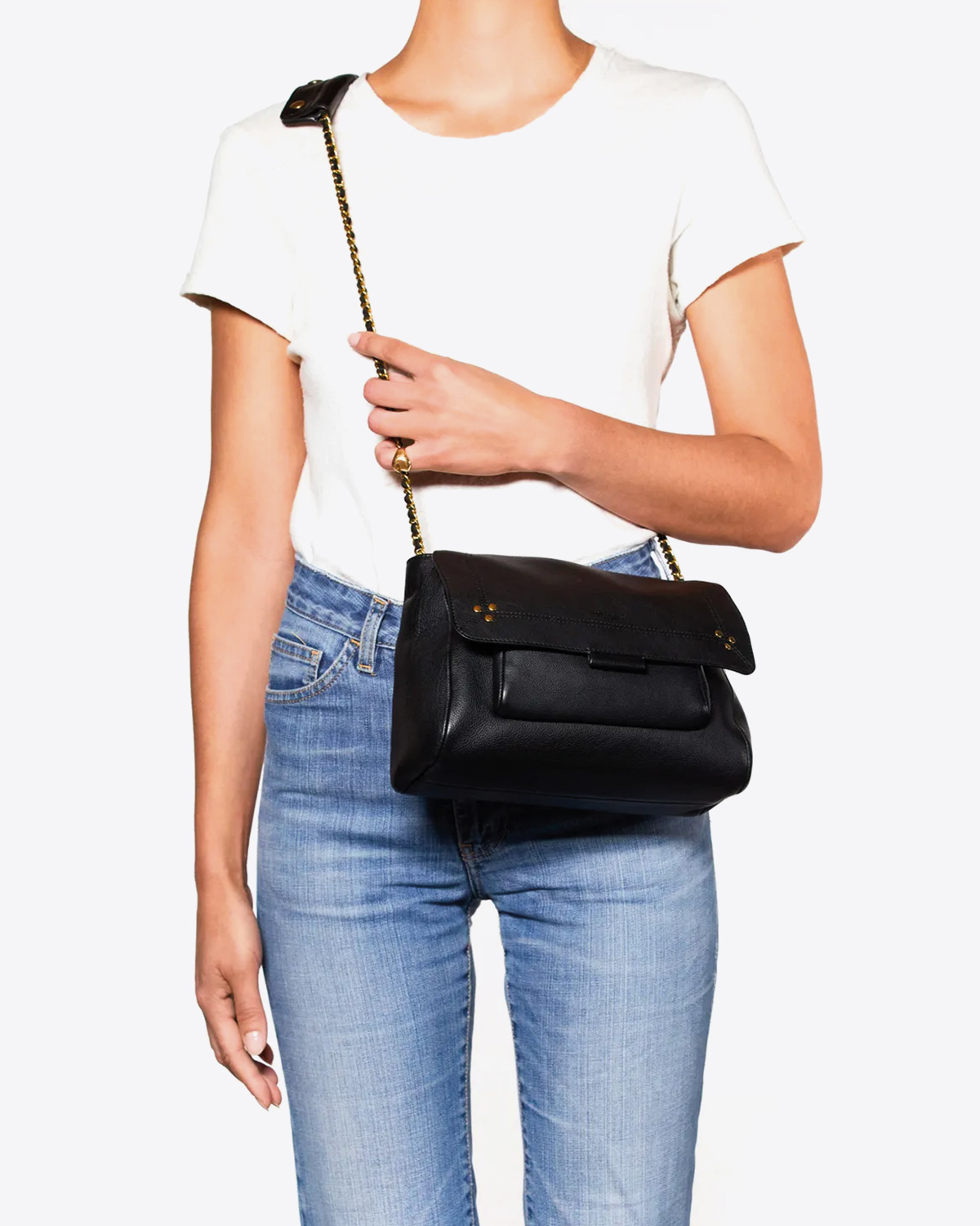 Sac Lulu M Jérôme Dreyfuss en cuir de veau noir. Vue porté bandoulière