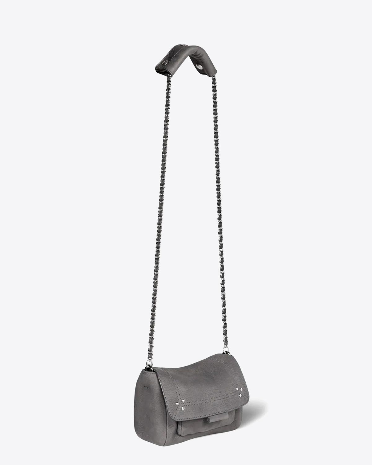 Petit sac besace Lulu S Jérôme Dreyfuss en Cuir Anthracite. Vue profil avec bandoulière. 