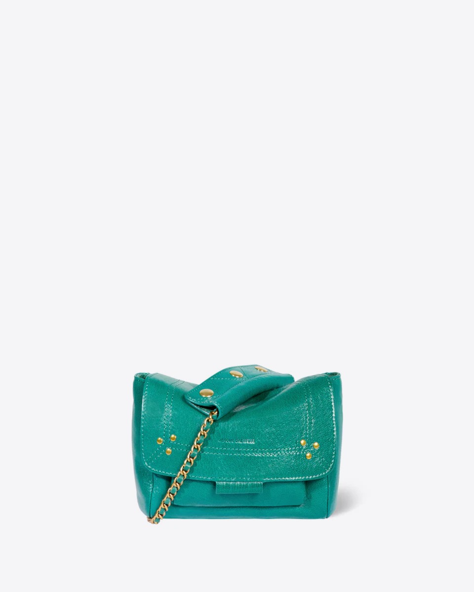 Sac Lulu S J&eacute;r&ocirc;me Dreyfuss en cuir turquoise. Vue de face avec patte &agrave; pression pour raccourcir la bandouli&egrave;re.