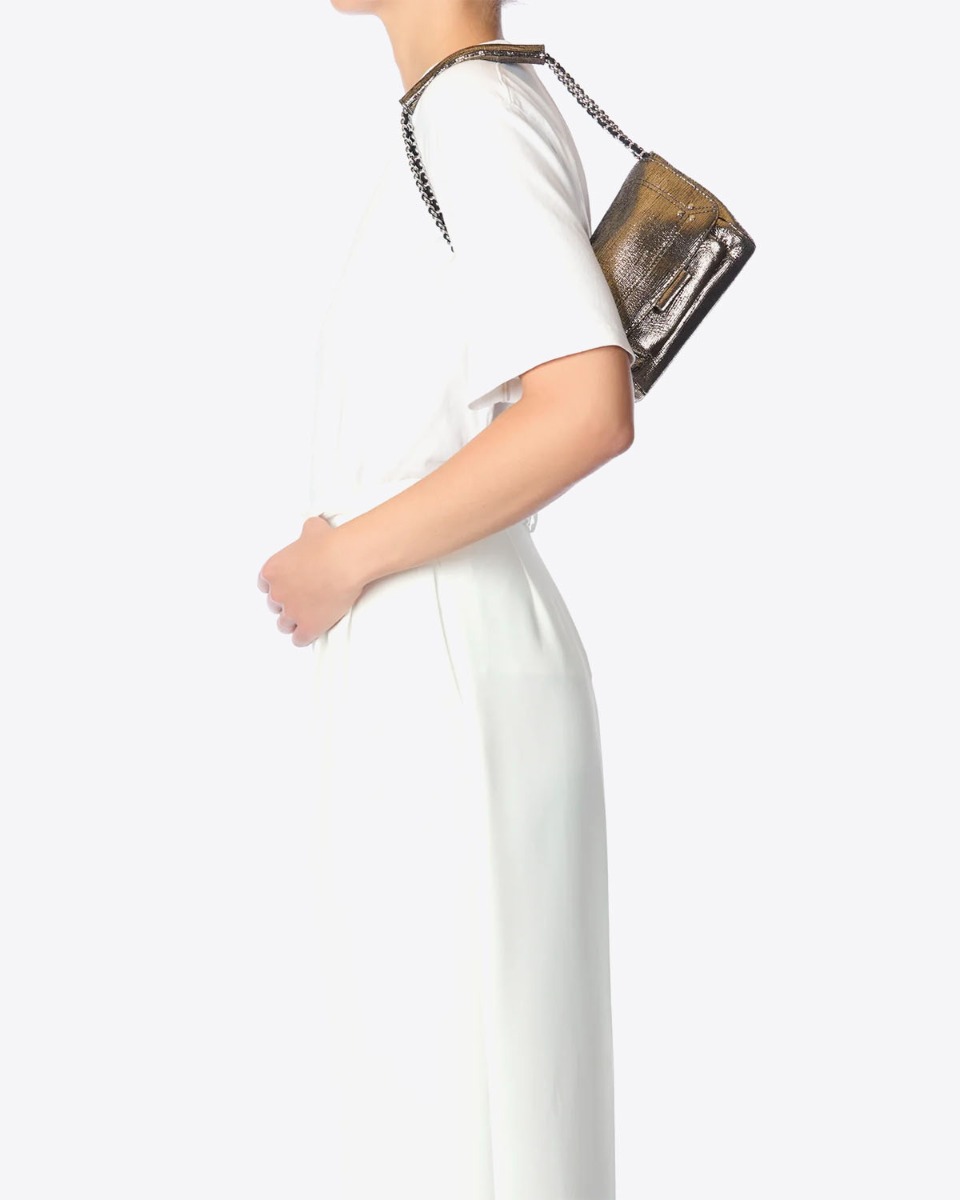 Sac Lulu S Jérôme Dreyfuss en cuir de chèvre lamé champagne porté court à l'épaule.