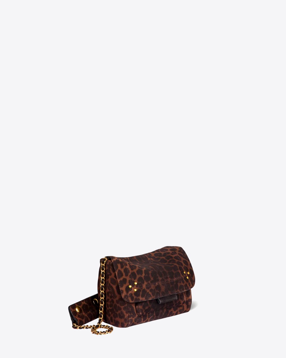 Sac Lulu S Jérôme Dreyfuss en cuir suédé léopard naturel. Vue de profil.