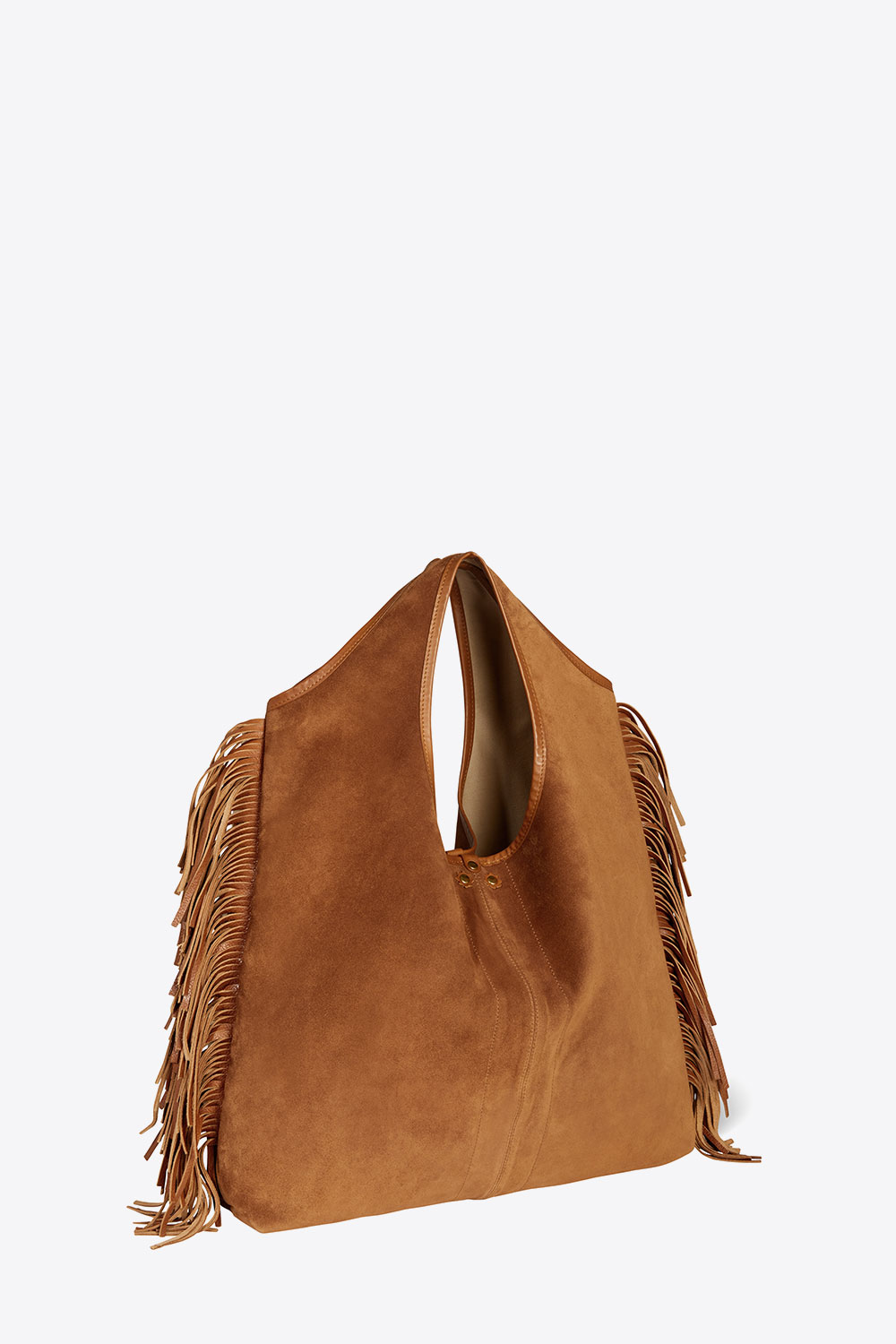 Produit Sac à franges en cuir suédé Haenyeo Caramel Jérôme Dreyfuss. Capsule SS25. Détail des franges sur les côtés.
