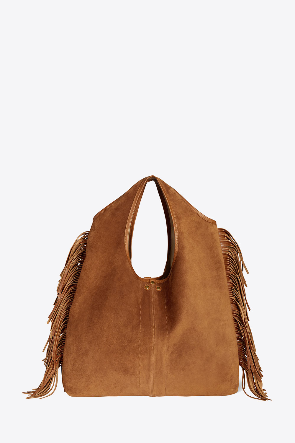 Produit Sac à franges en cuir suédé Haenyeo Caramel Jérôme Dreyfuss. Capsule SS25. Détail des franges vue de face.