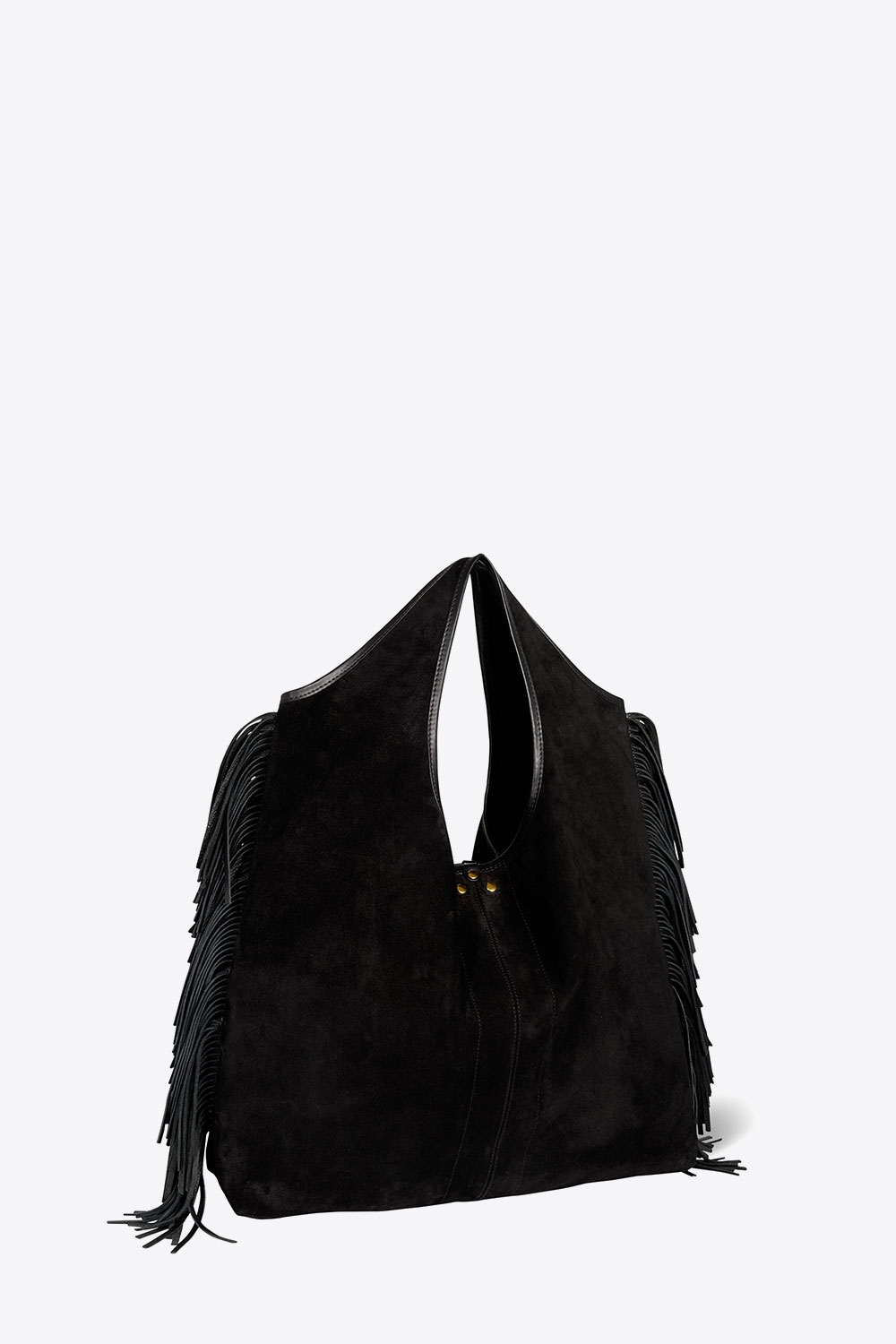 Produit Sac à franges en cuir suédé Haenyeo noir Jérôme Dreyfuss. Capsule SS25. Détail des franges sur les côtés.