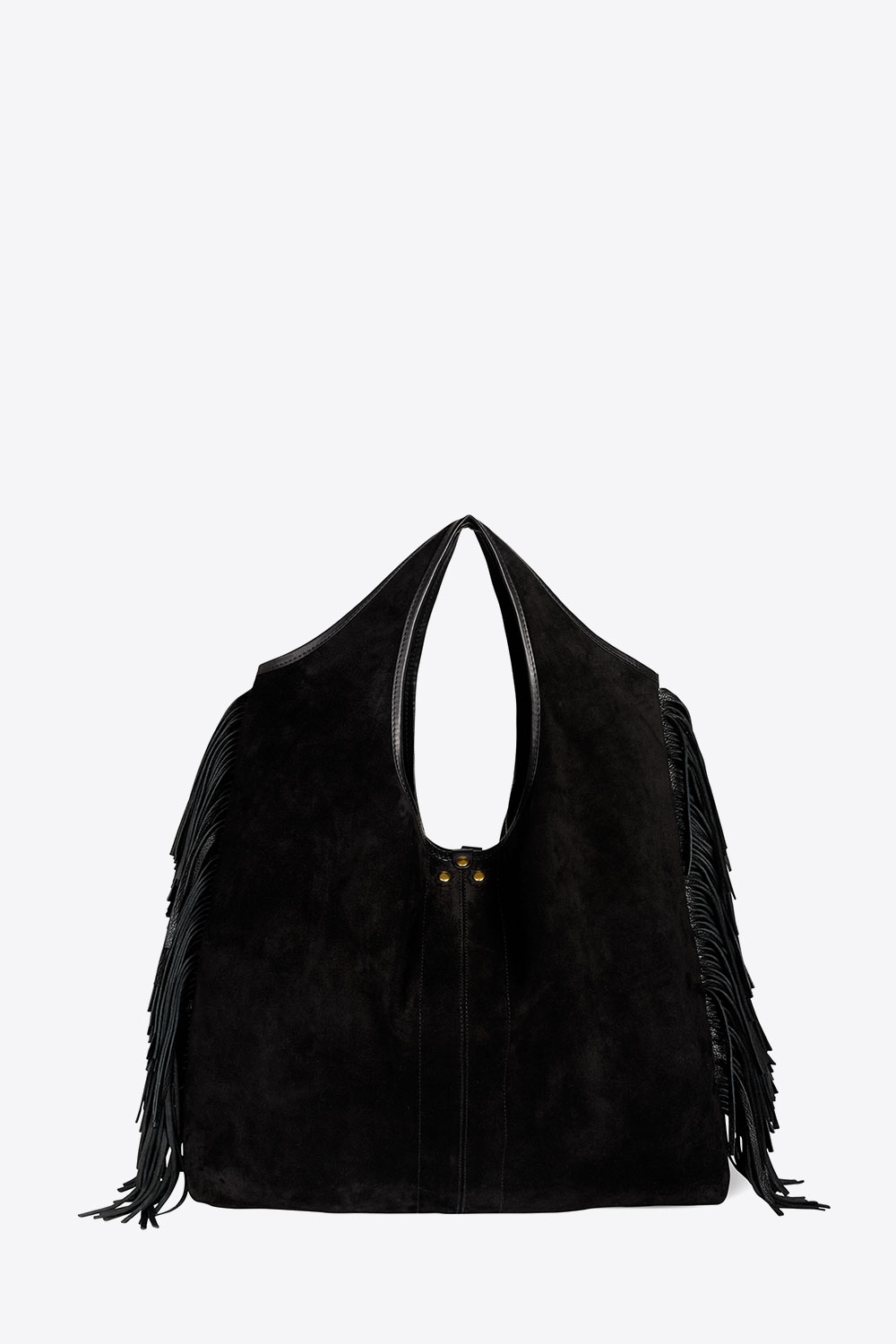 Produit Sac à franges en cuir suédé Haenyeo noir Jérôme Dreyfuss. Capsule SS25. Détail des franges vue de face. 
