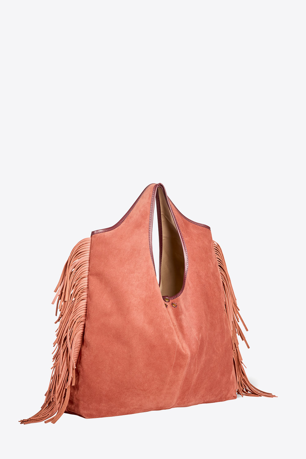 Produit Sac à franges en cuir suédé Haenyeo Terracotta Jérôme Dreyfuss. Capsule SS25. Détail des franges sur les côtés.