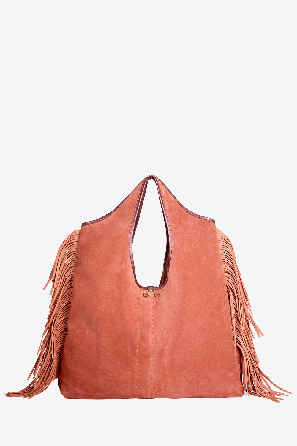 Produit Sac à franges en cuir suédé Haenyeo Terracotta Jérôme Dreyfuss. Capsule SS25. Détail des franges sur les côtés vue de face.