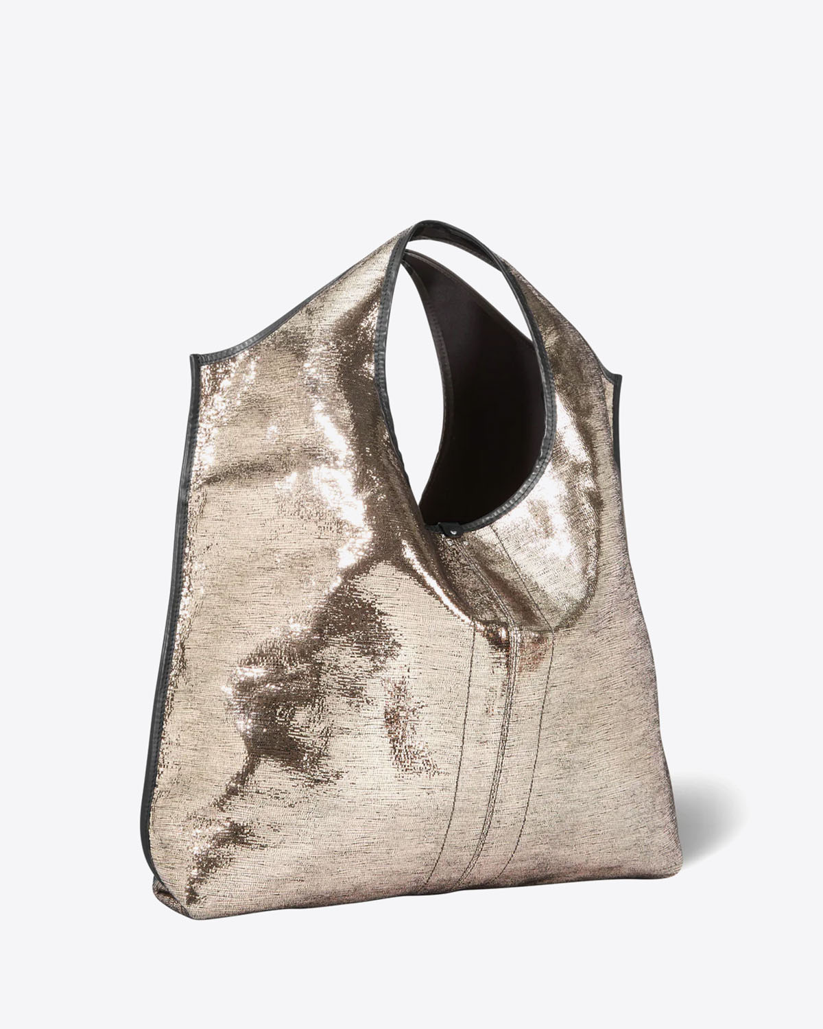 Produit Sac Paco Jérôme Dreyfuss en cuir lamé champagne. Vue profil.