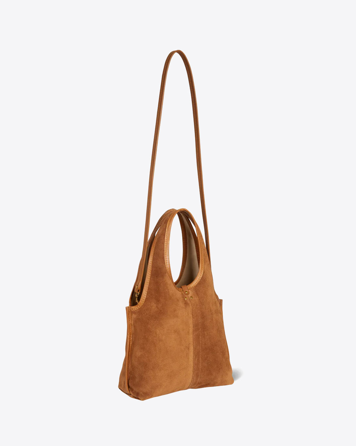 Sac petit cabas souple Paco S Jérôme Dreyfuss en cuir suédé marron. Vue profil