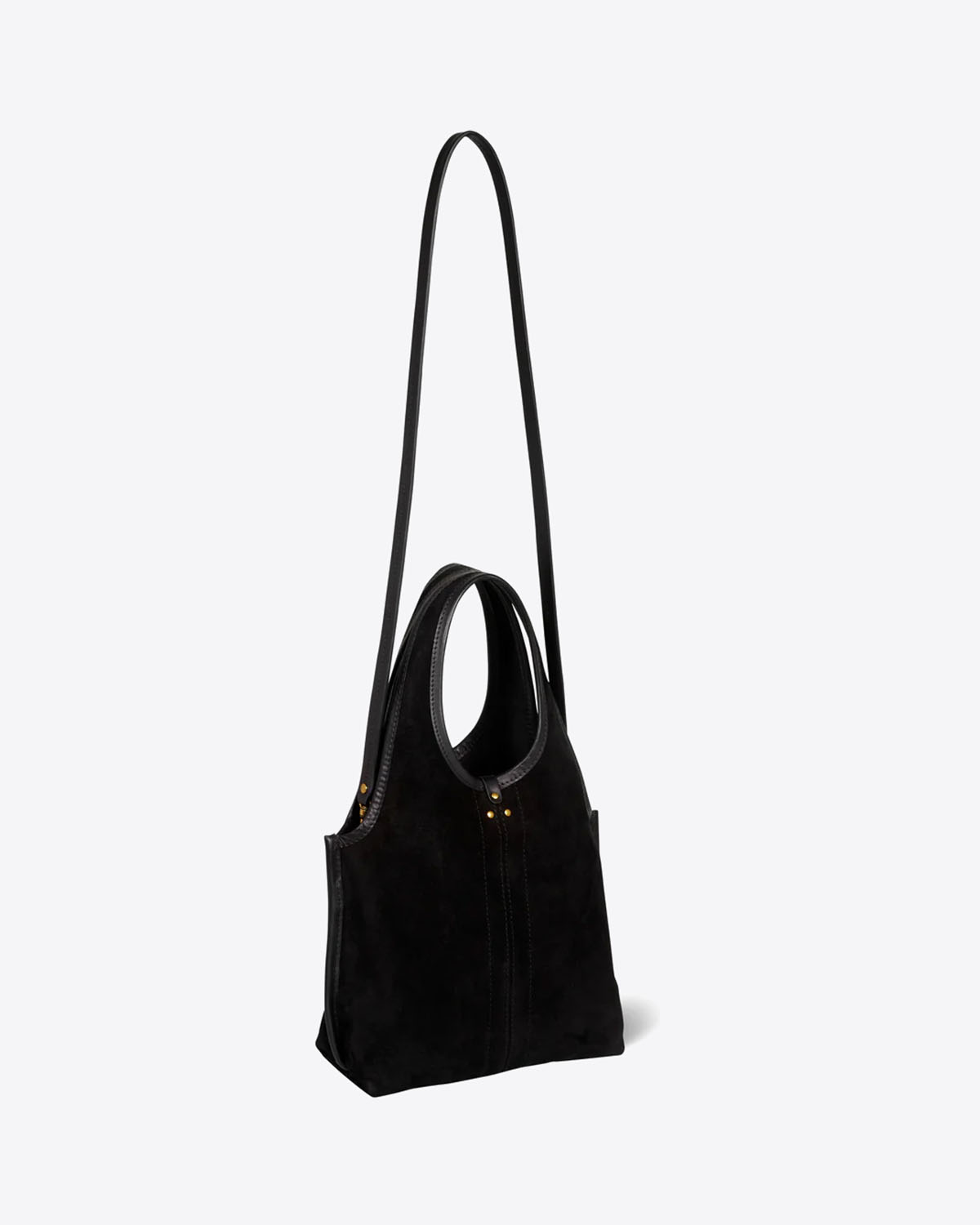 Sac petit cabas souple Paco S Jérôme Dreyfuss en cuir suédé noir. Vue profil