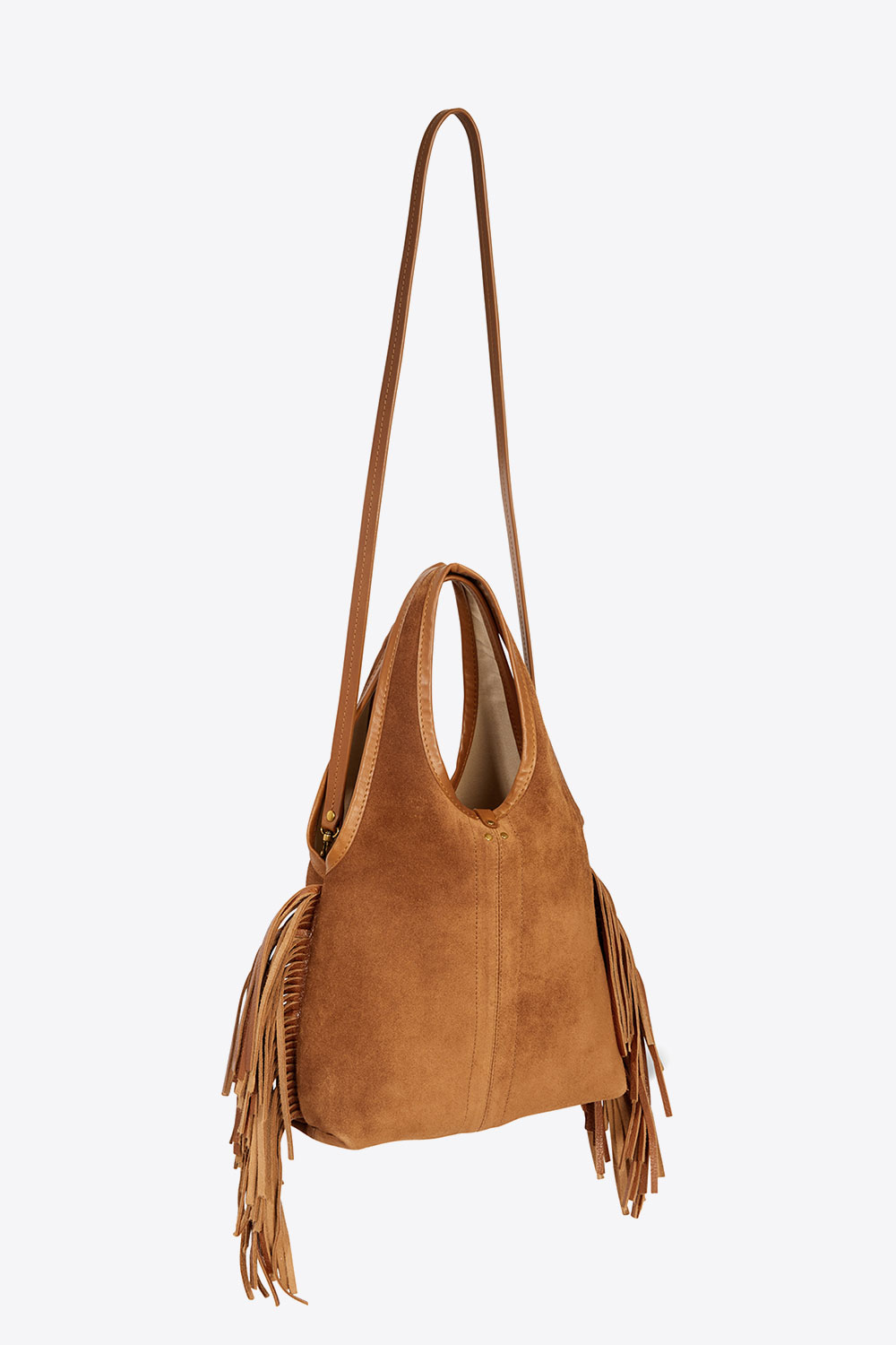 Produit Mini-sac à franges bandoulière amovible en cuir suédé caramel Paco S Haenyeo caramel Jérôme Dreyfuss. Détail de la bandoulière. Collection Capsule SS25.