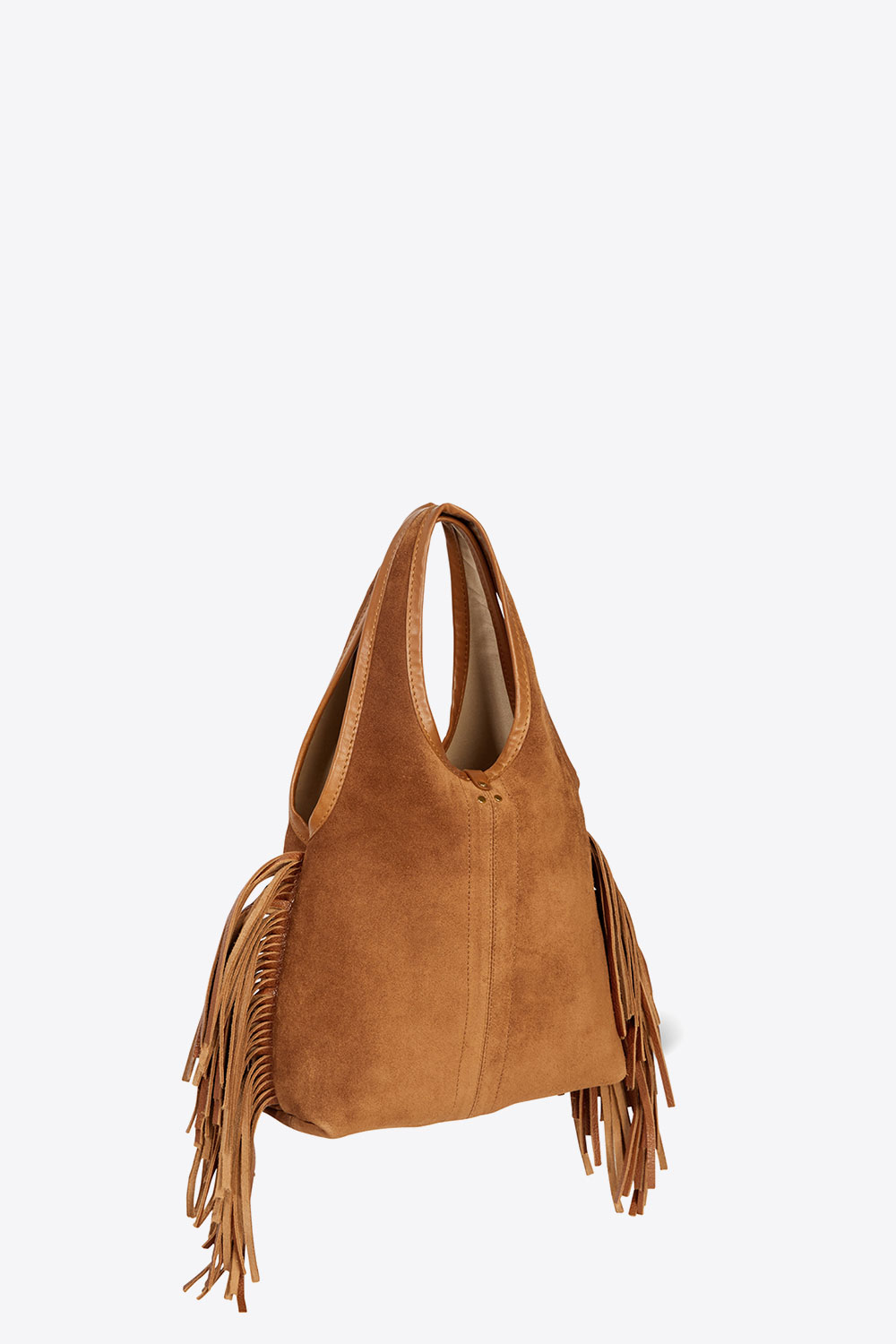 Produit Mini-sac à franges bandoulière amovible en cuir suédé caramel Paco S Haenyeo caramel Jérôme Dreyfuss. Détail des franges sur les côtés. Collection Capsule SS25.