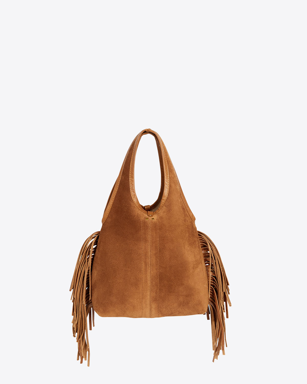 Mini-sac à franges bandoulière amovible en cuir suédé caramel Paco S Haenyeo caramel Jérôme Dreyfuss. Détail des franges vue de face. Collection Capsule SS25.