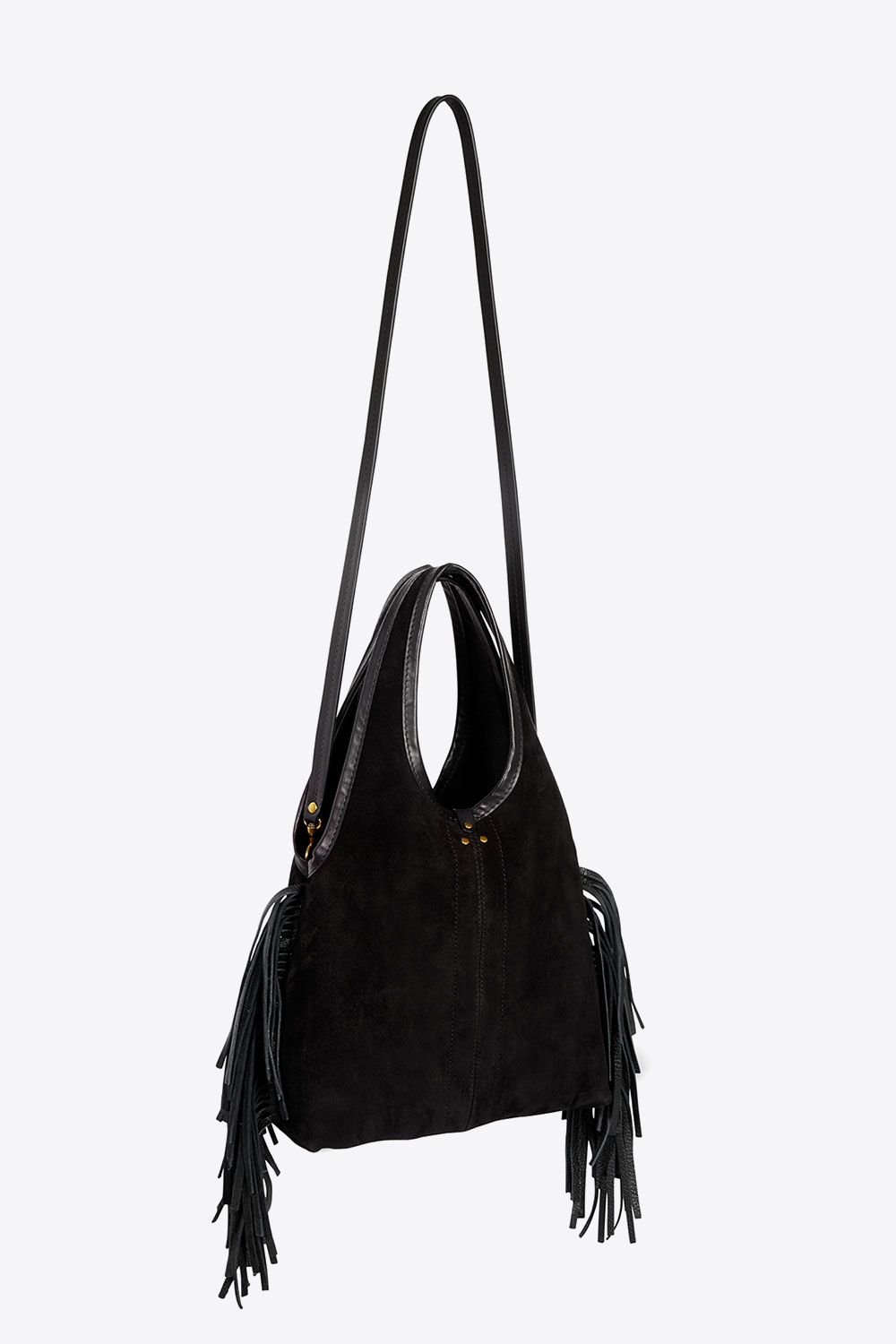 Produit Mini-sac à franges avec bandoulière amovible en cuir suédé noir Paco S Haenyo noir Jérôme Dreyfuss. Collection Capsule SS25. Détail de la bandoulière. 