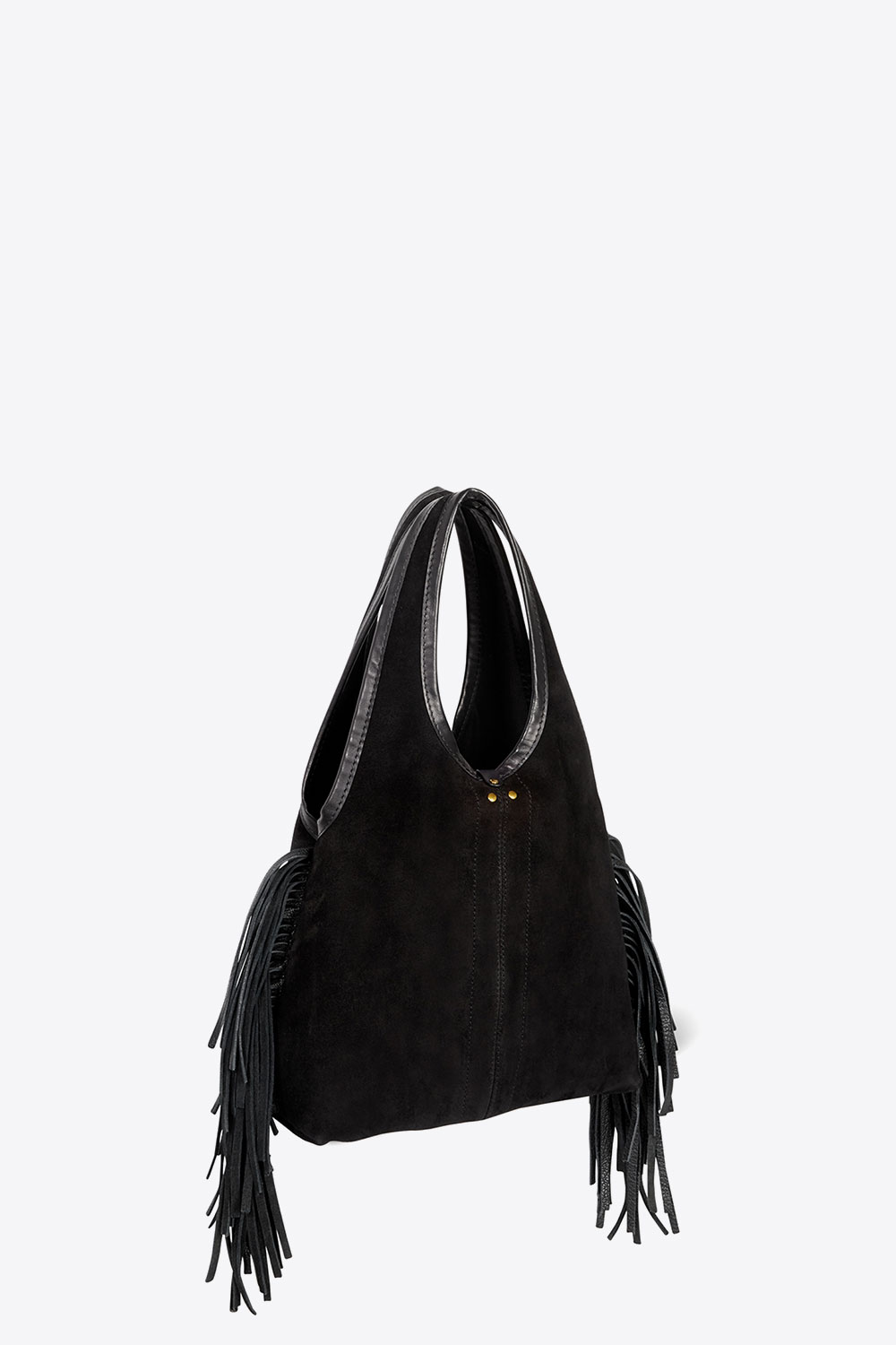 Produit Mini-sac à franges avec bandoulière amovible en cuir suédé noir Paco S Haenyo noir Jérôme Dreyfuss. Collection Capsule SS25. Détail des franges de profil.