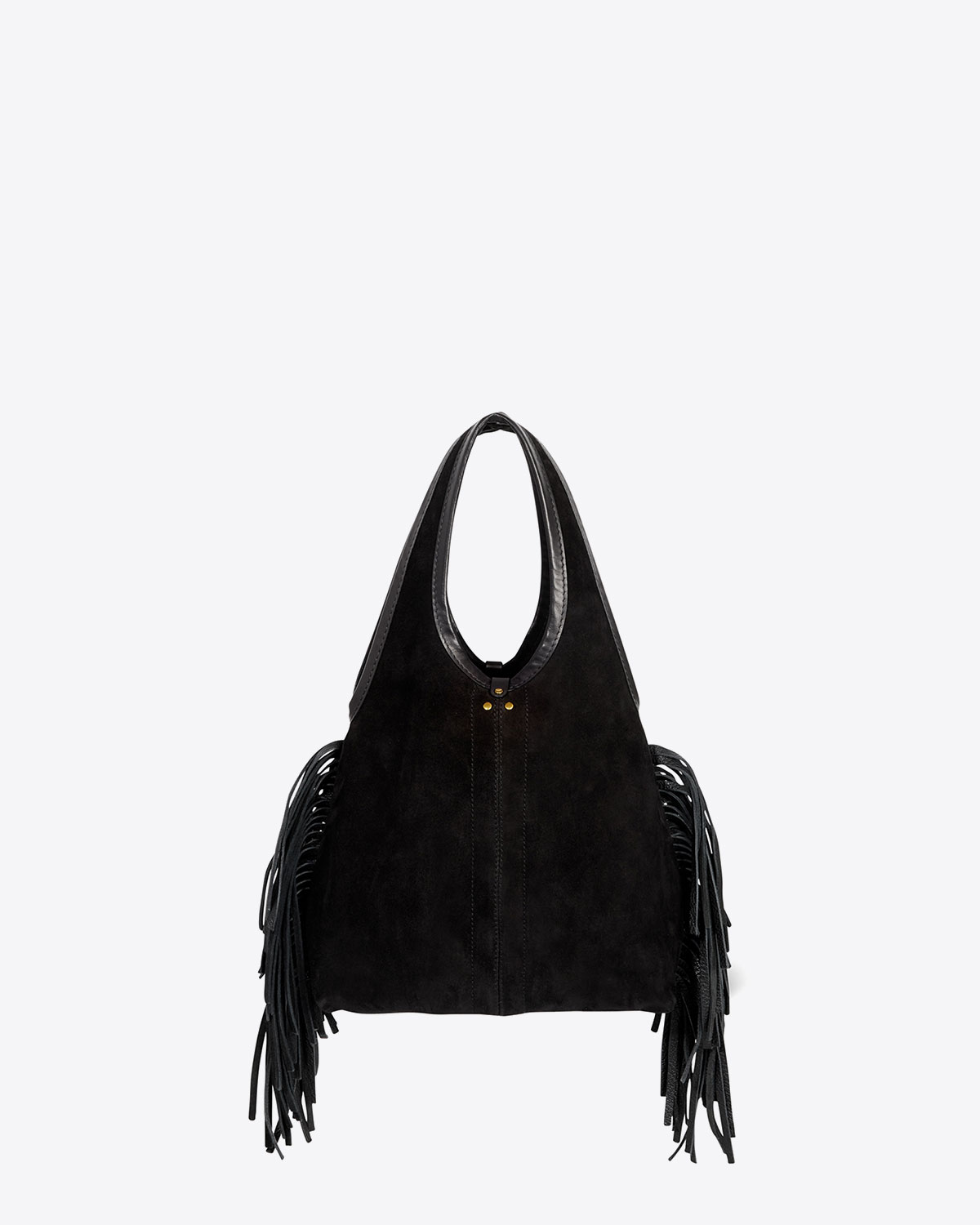 Mini-sac à franges avec bandoulière amovible en cuir suédé noir Paco S Haenyo noir Jérôme Dreyfuss. Collection Capsule SS25. Détail des franges de face. 